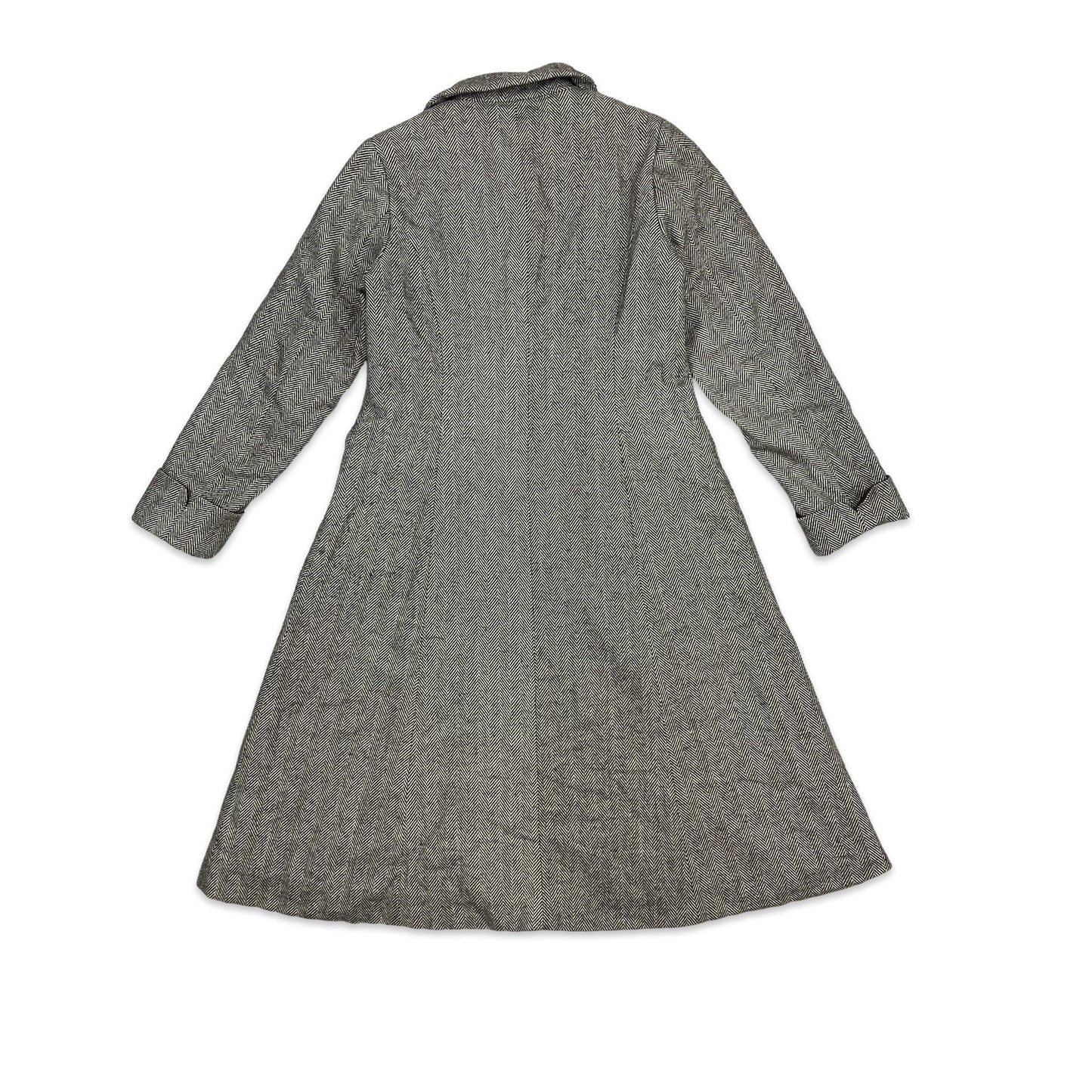 Vintage Wool Long Duster Coat Herringbone Brown Cream 8 10