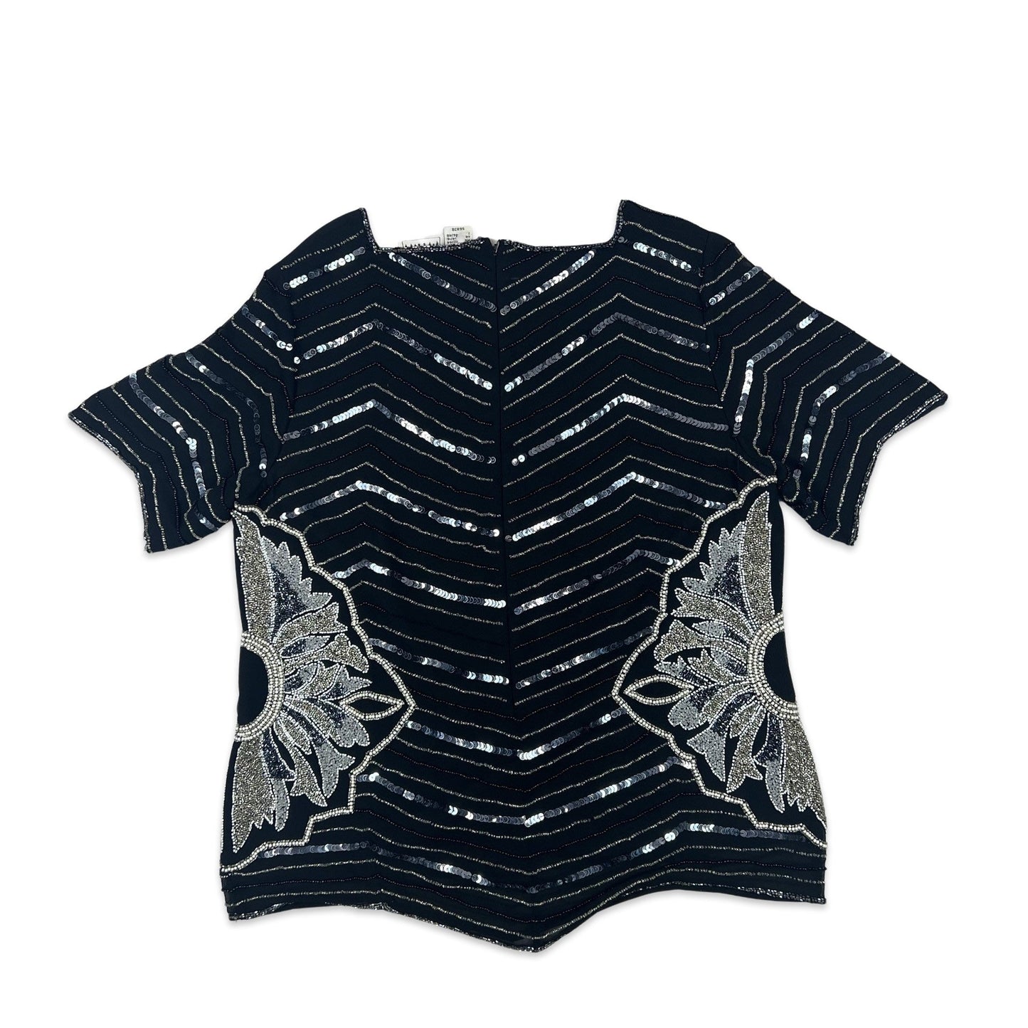 Vintage 80s Boxy Sequin Blouse Black Silver 12 14 16