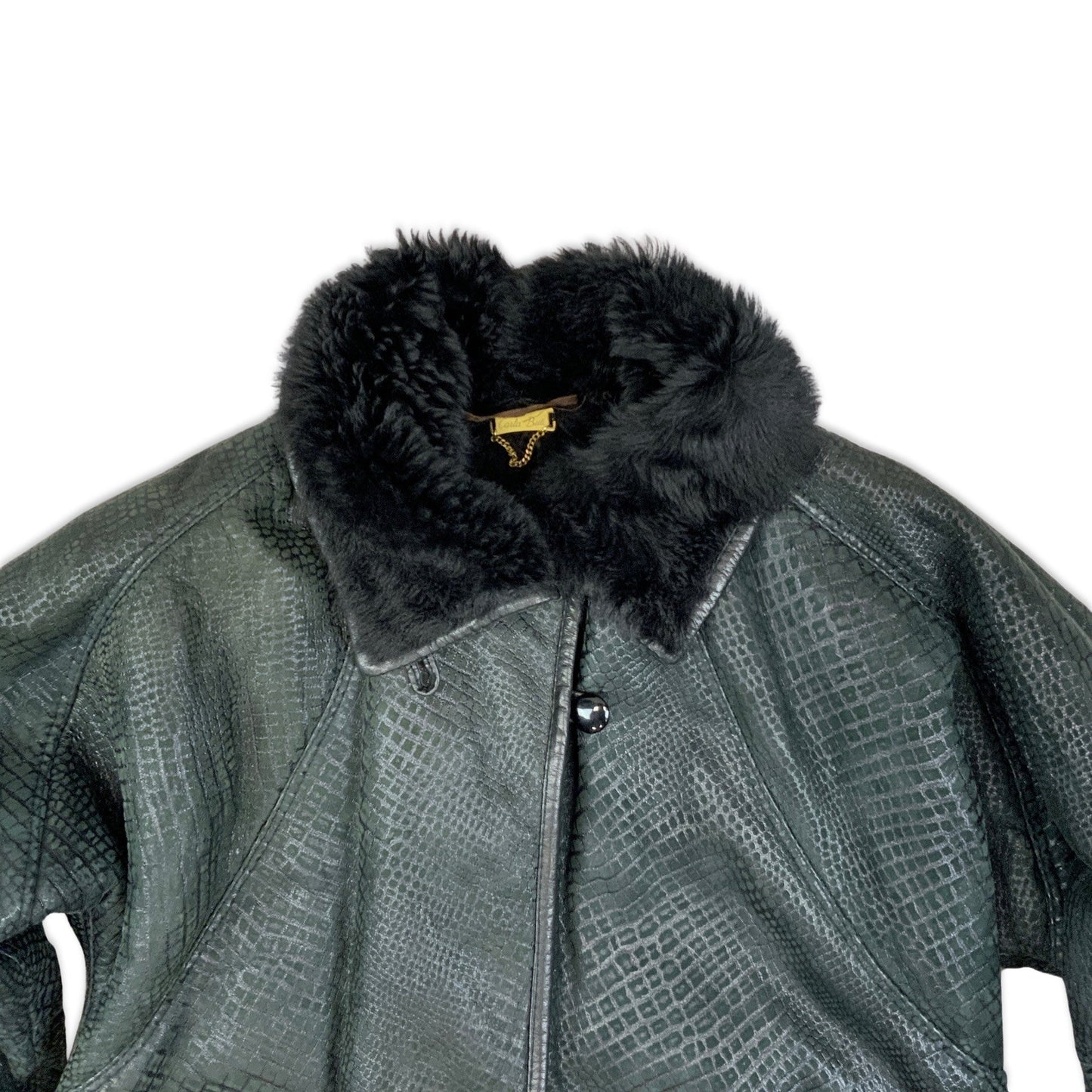 Vintage 80s Faux Crocodile Shearling Coat Dark Green Black 14 16 18