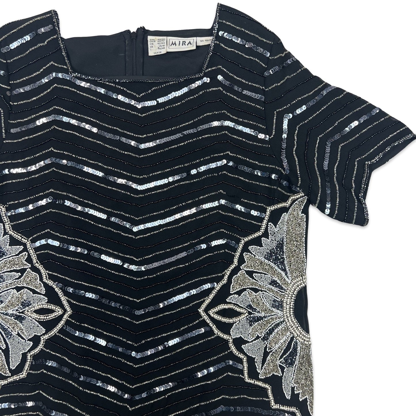 Vintage 80s Boxy Sequin Blouse Black Silver 12 14 16