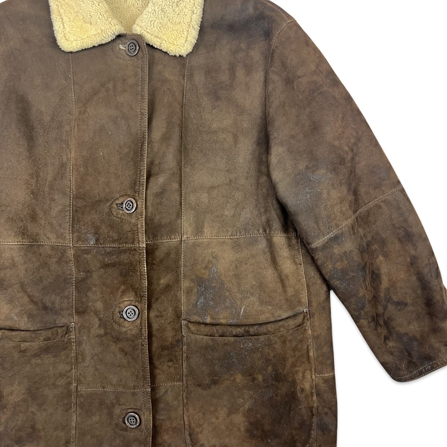 Vintage 90s Suede Shearling Coat Brown 14 16 18