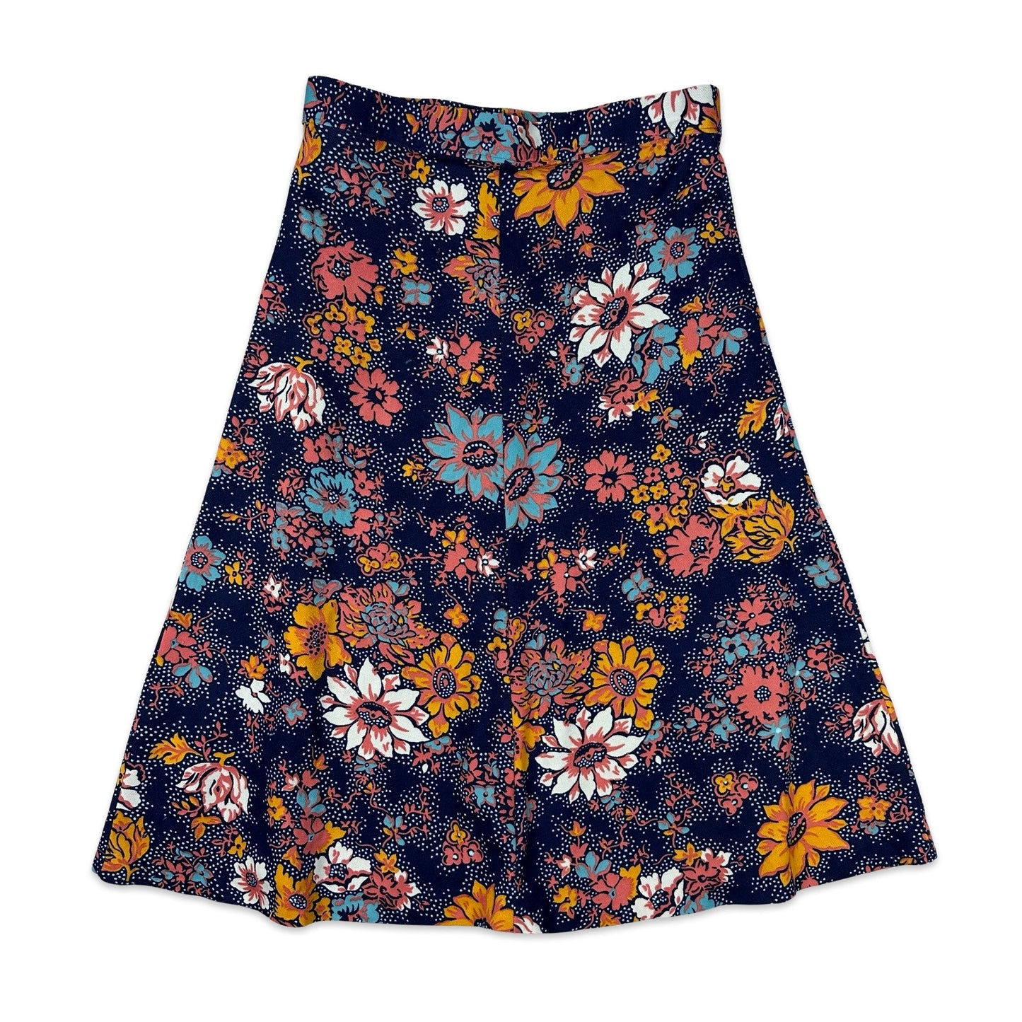 70s Vintage Blue Floral A-Line Midi Skirt 10