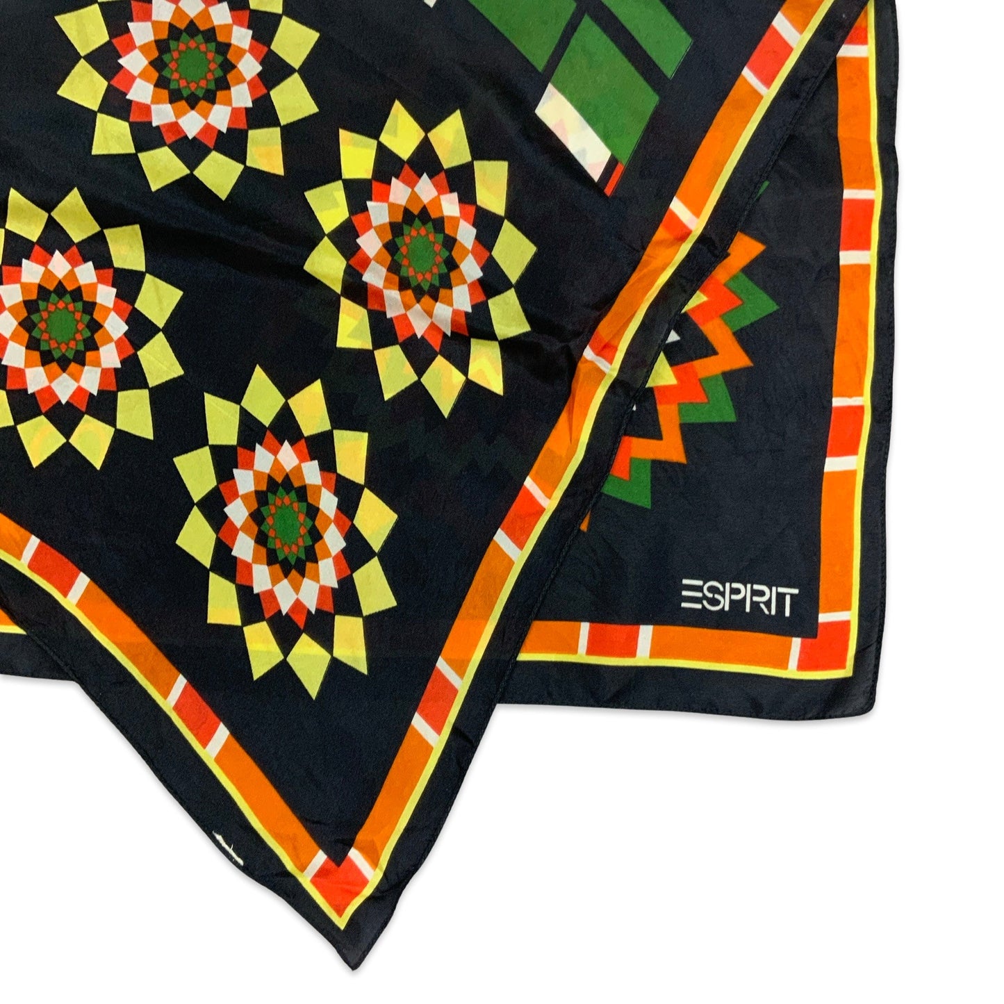 90s Vintage Black Orange Green Esprit Abstract Silk Scarf