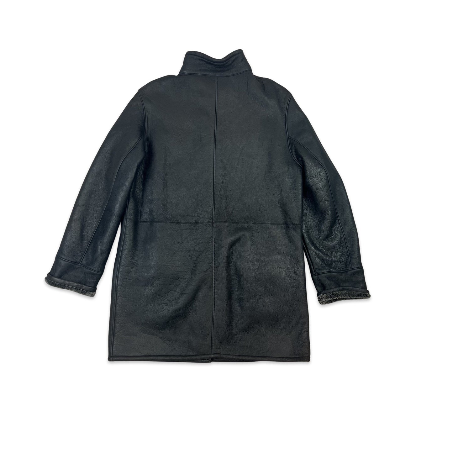 Vintage 90s Y2K Black Leather Shearling Coat 14 16 18