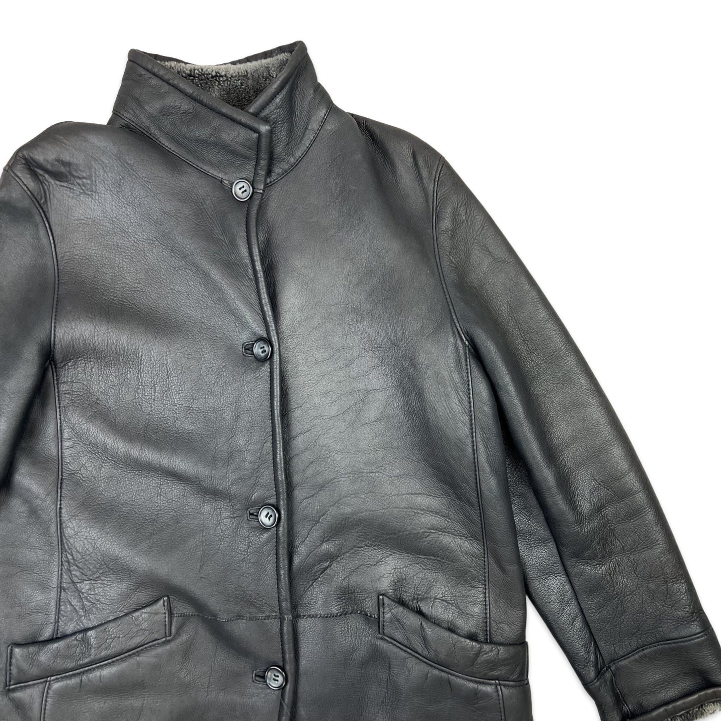 Vintage 90s Y2K Black Leather Shearling Coat 14 16 18