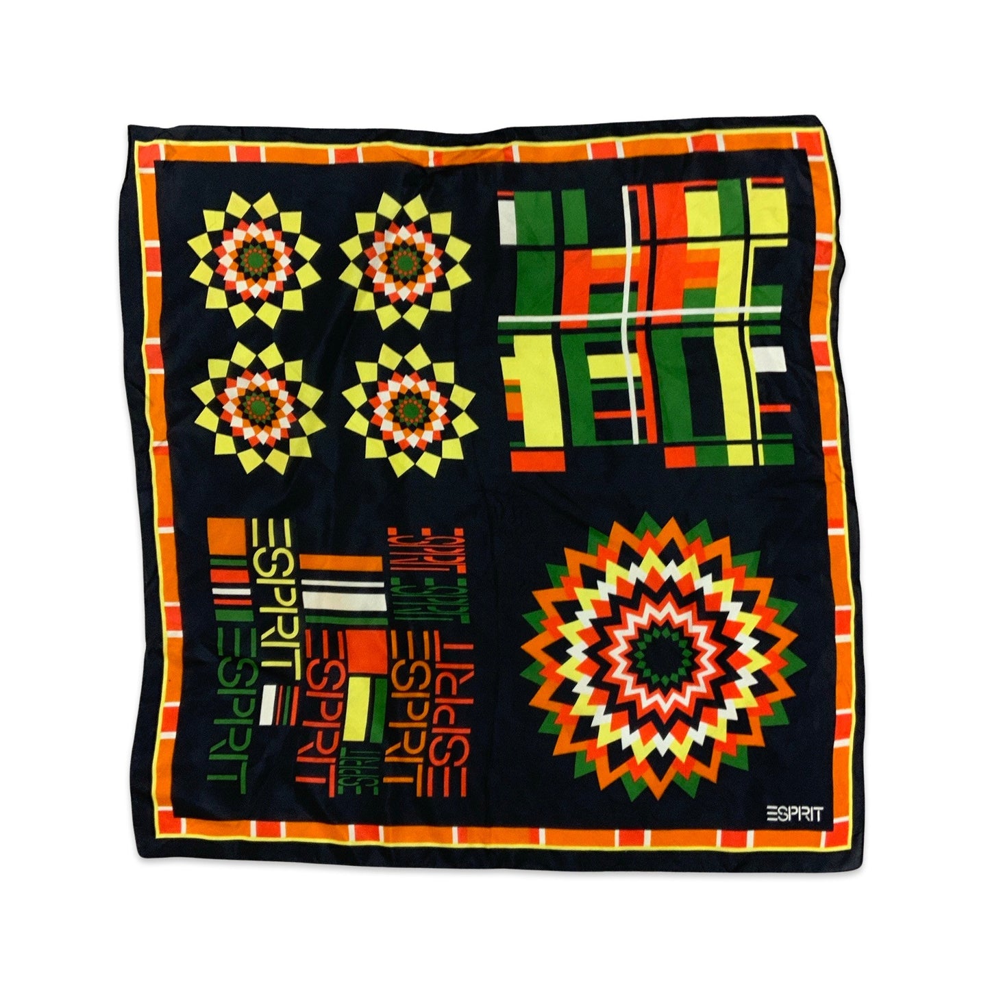 90s Vintage Black Orange Green Esprit Abstract Silk Scarf