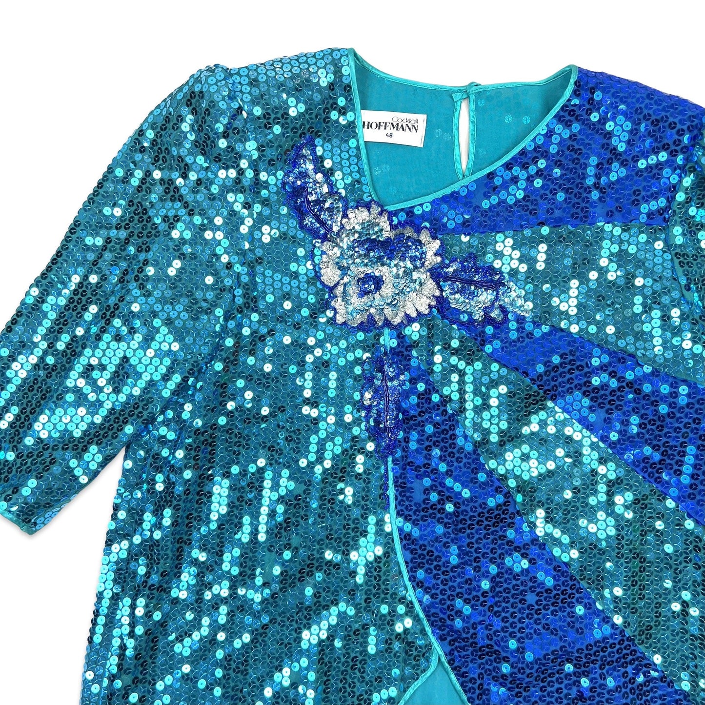 Vintage 80s TURQUOISE BLUE Boxy Oversized Sequin Blouse Blue 14 16