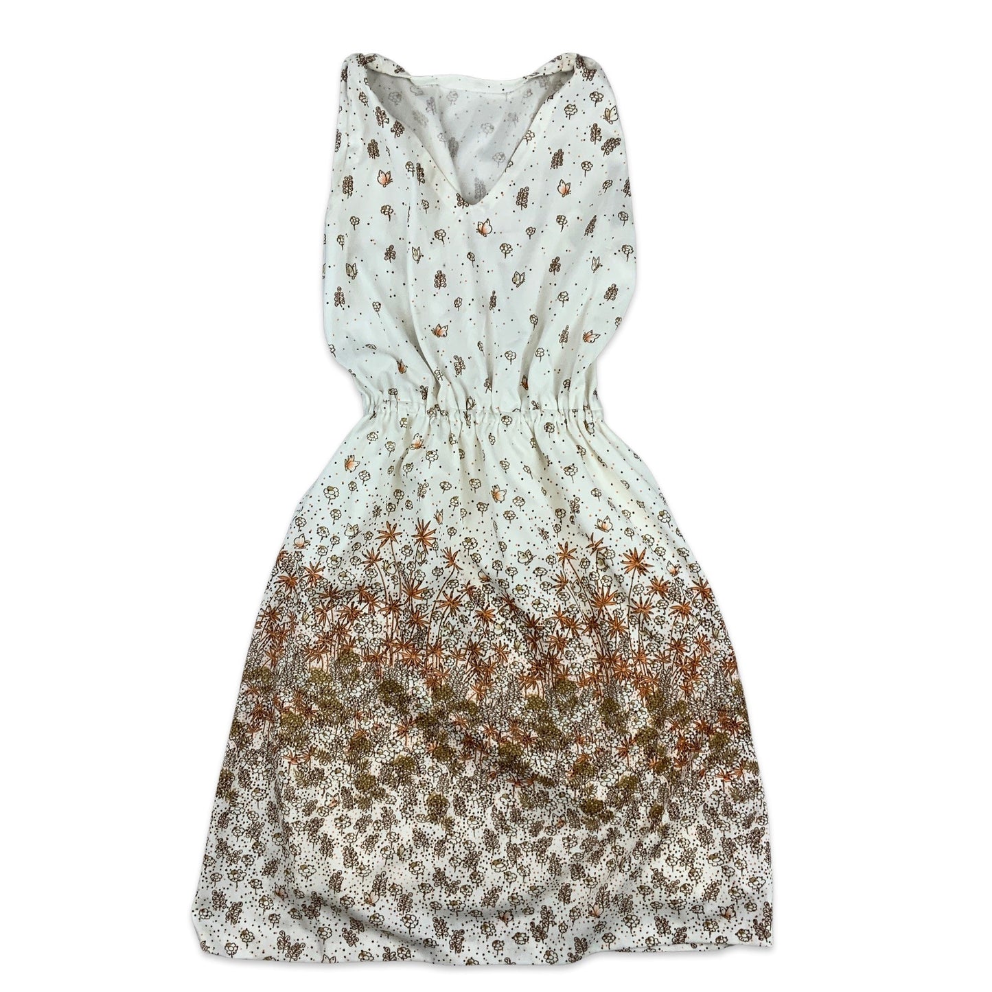 80s 90s Vintage White Orange Brown Floral Midi Dress 10 12