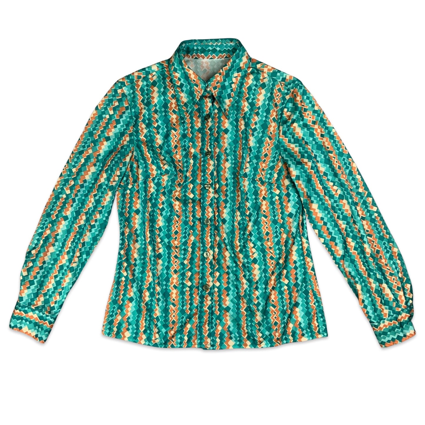 Vintage 80s Green & Orange Floral Patterned Blouse 8 10