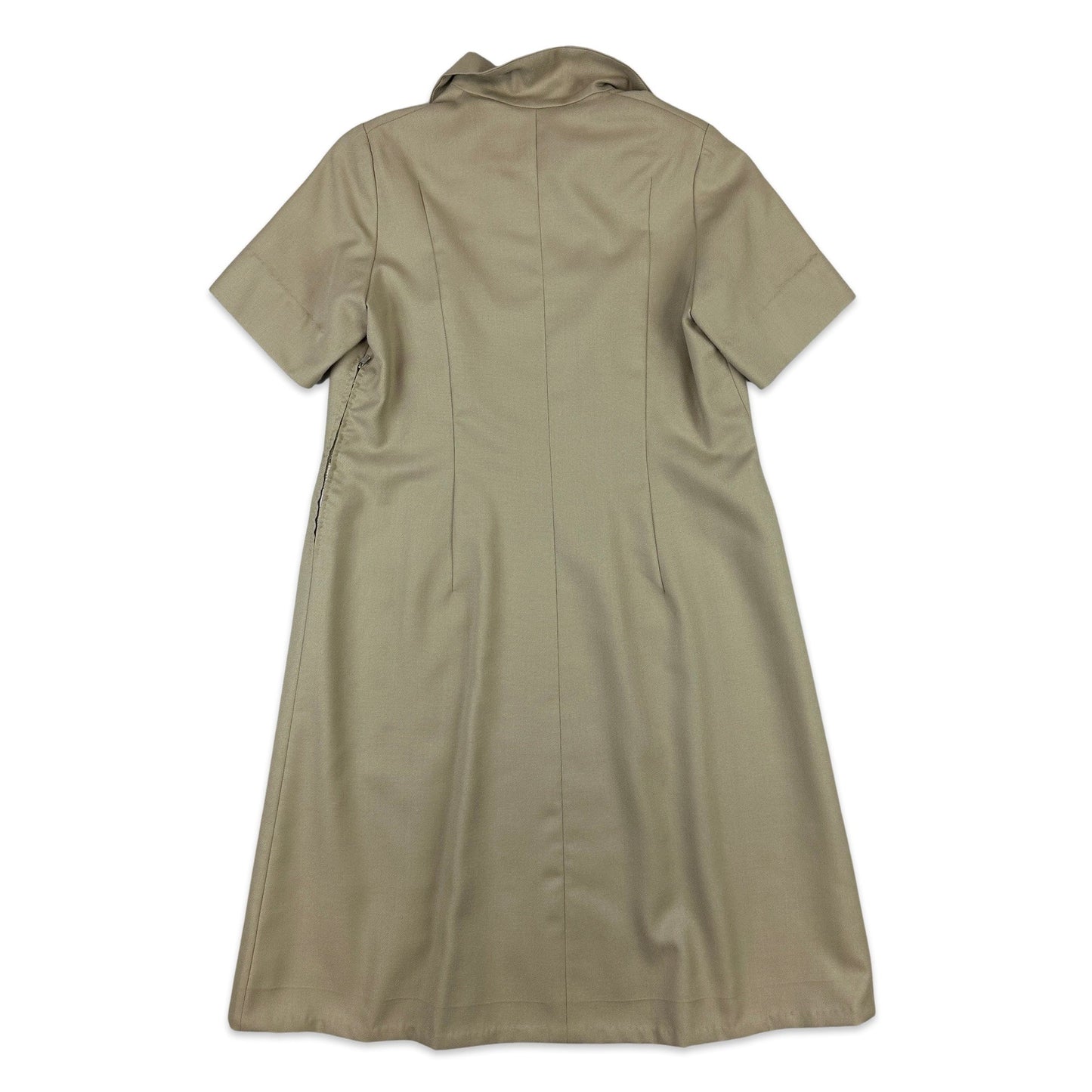 1970s Vintage Safari Beige Dagger Collar Midi Dress 14 16