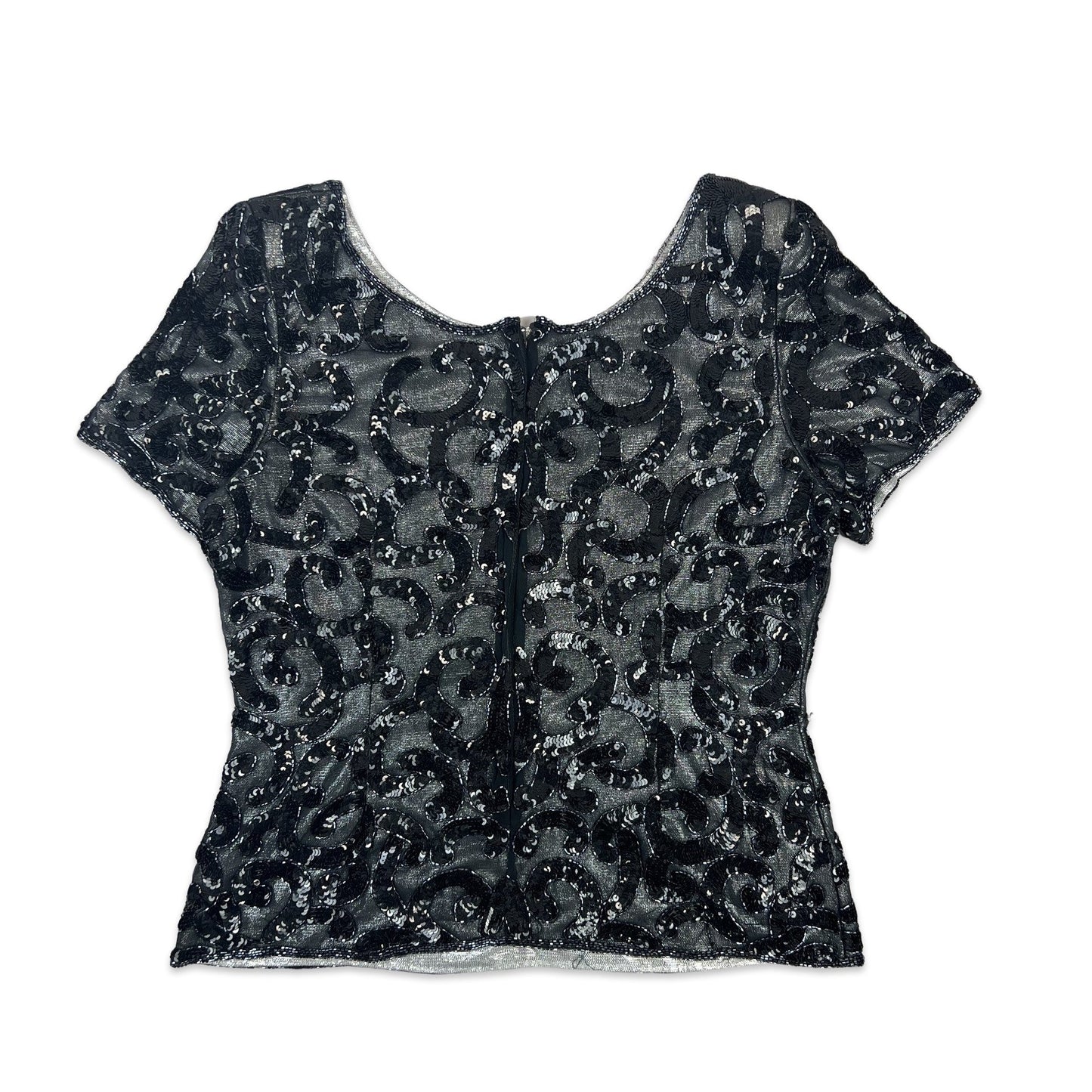 Vintage 80s Sequin Blouse Black Silver 10 12 14
