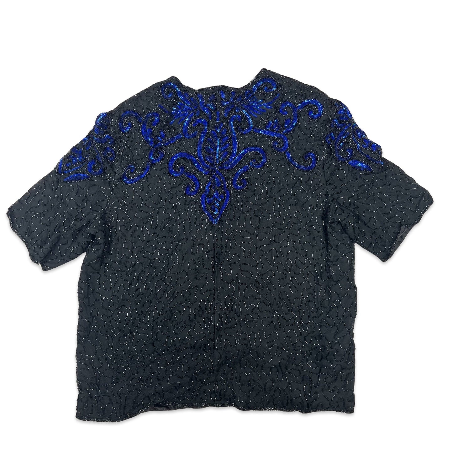 Vintage 80s Boxy Oversized Sequin Blouse Black Blue 14 16