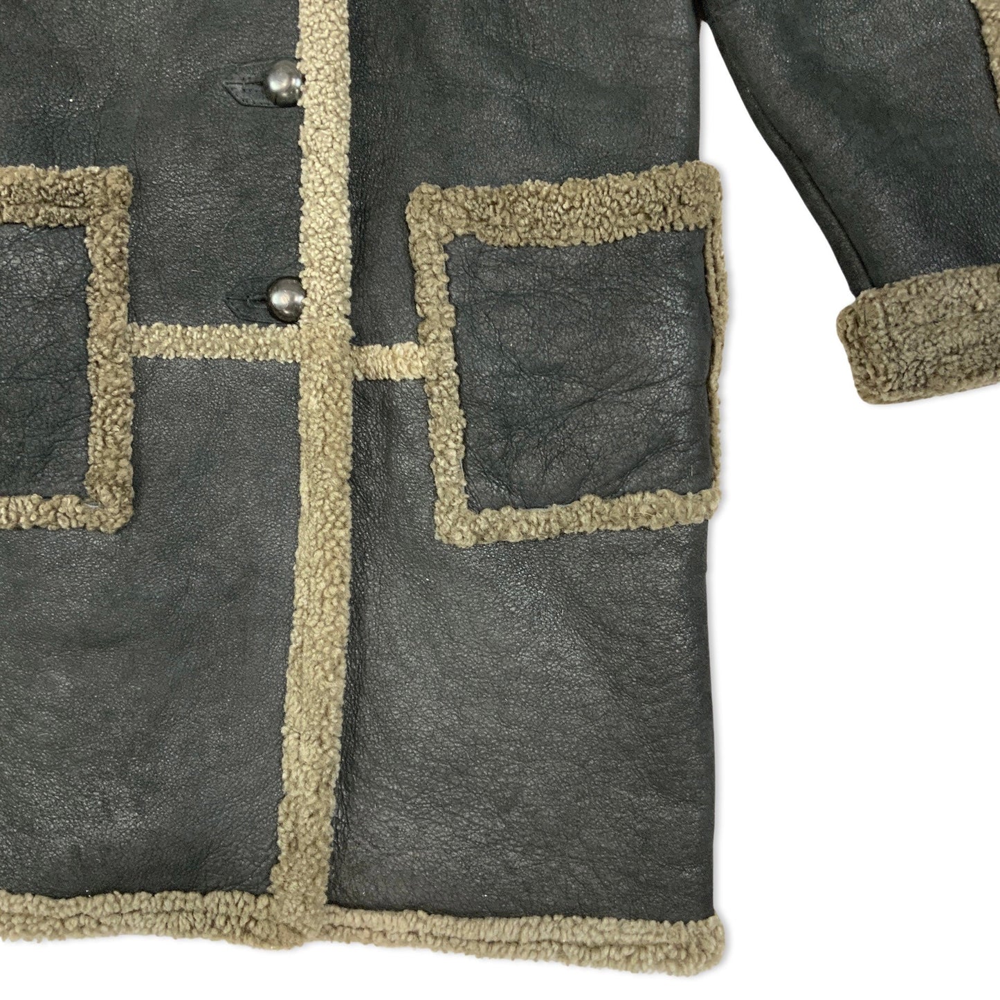 Vintage 90s Shearling Coat Black Brown Cream 12 14 16