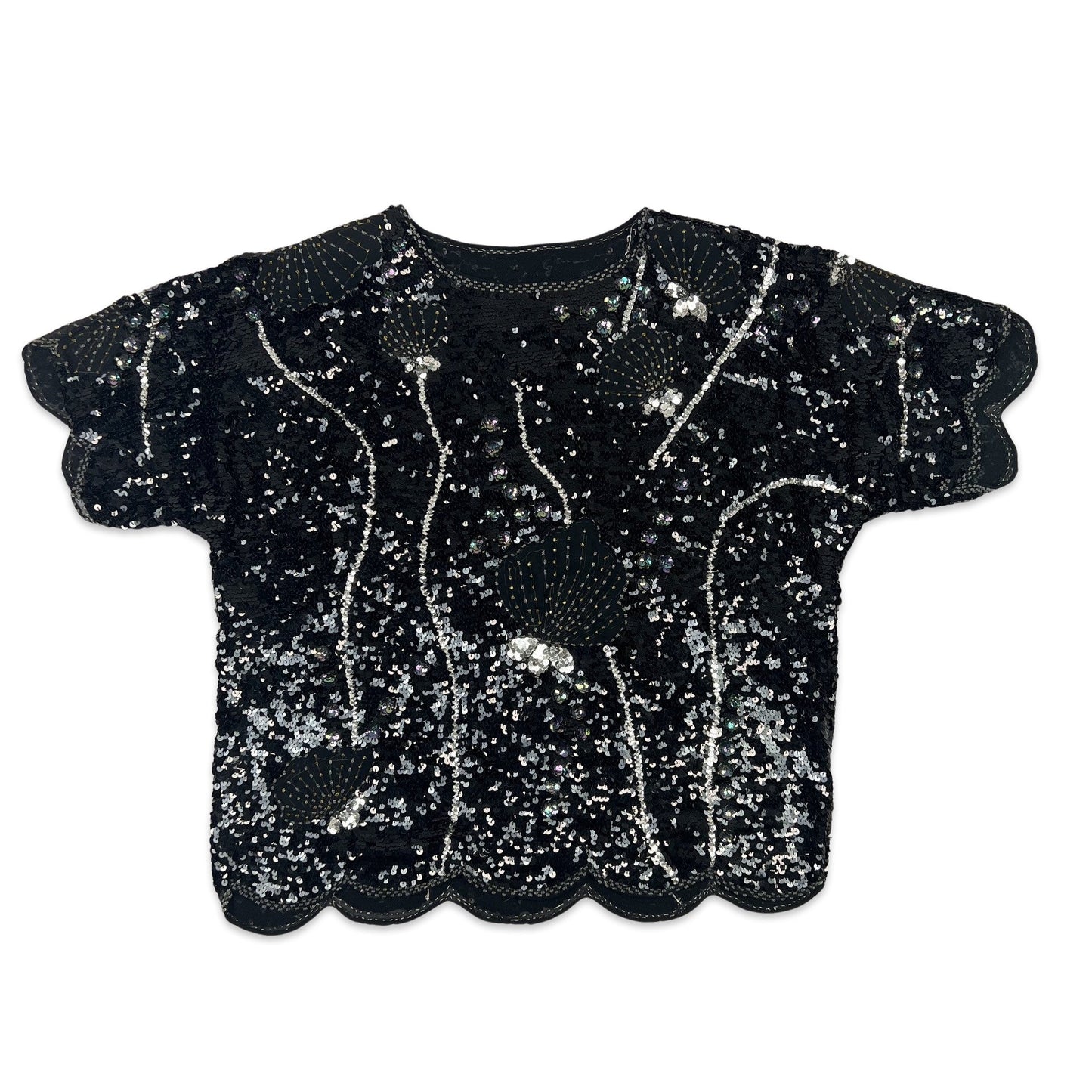 Vintage 80s Boxy Oversized Sequin Blouse Black Silver Gold 14 16