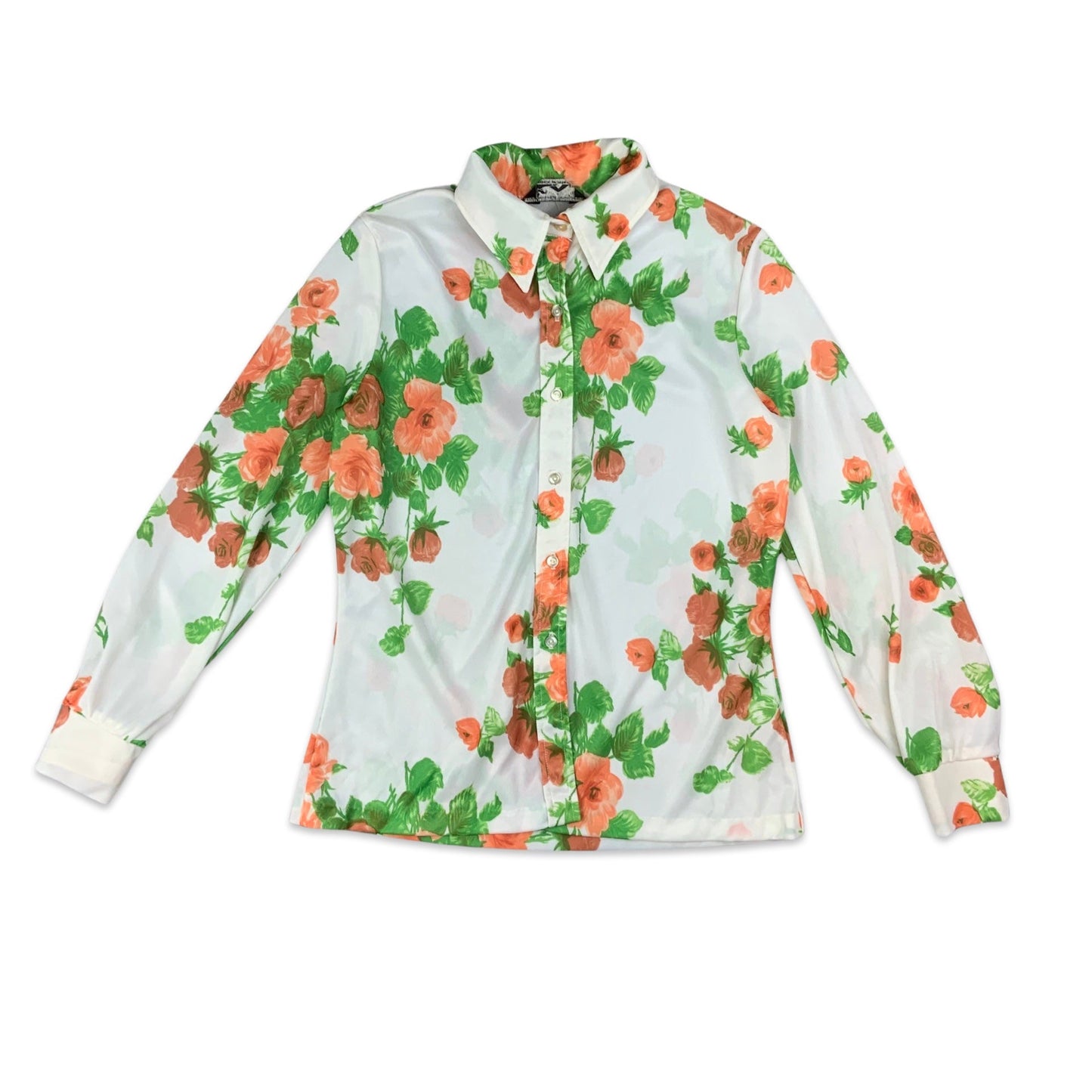 Vintage White Green & Peach Floral Blouse 10 12