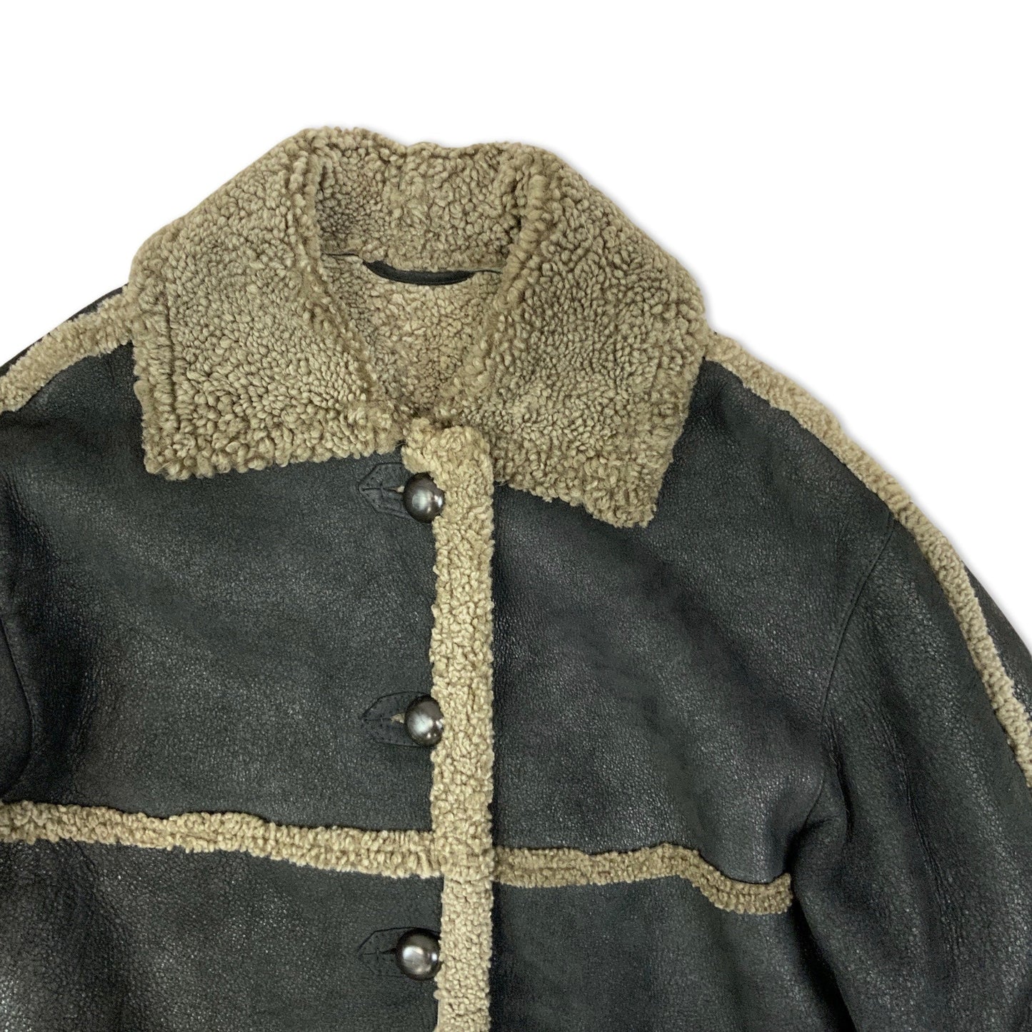 Vintage 90s Shearling Coat Black Brown Cream 12 14 16