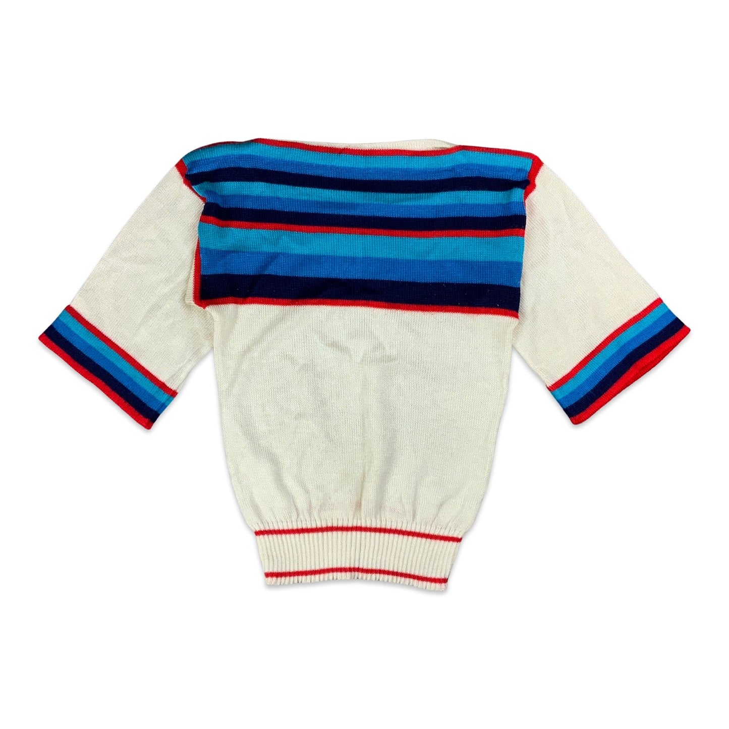 Vintage White Blue & Red Striped Short Sleeved Knitted Jumper 8 10
