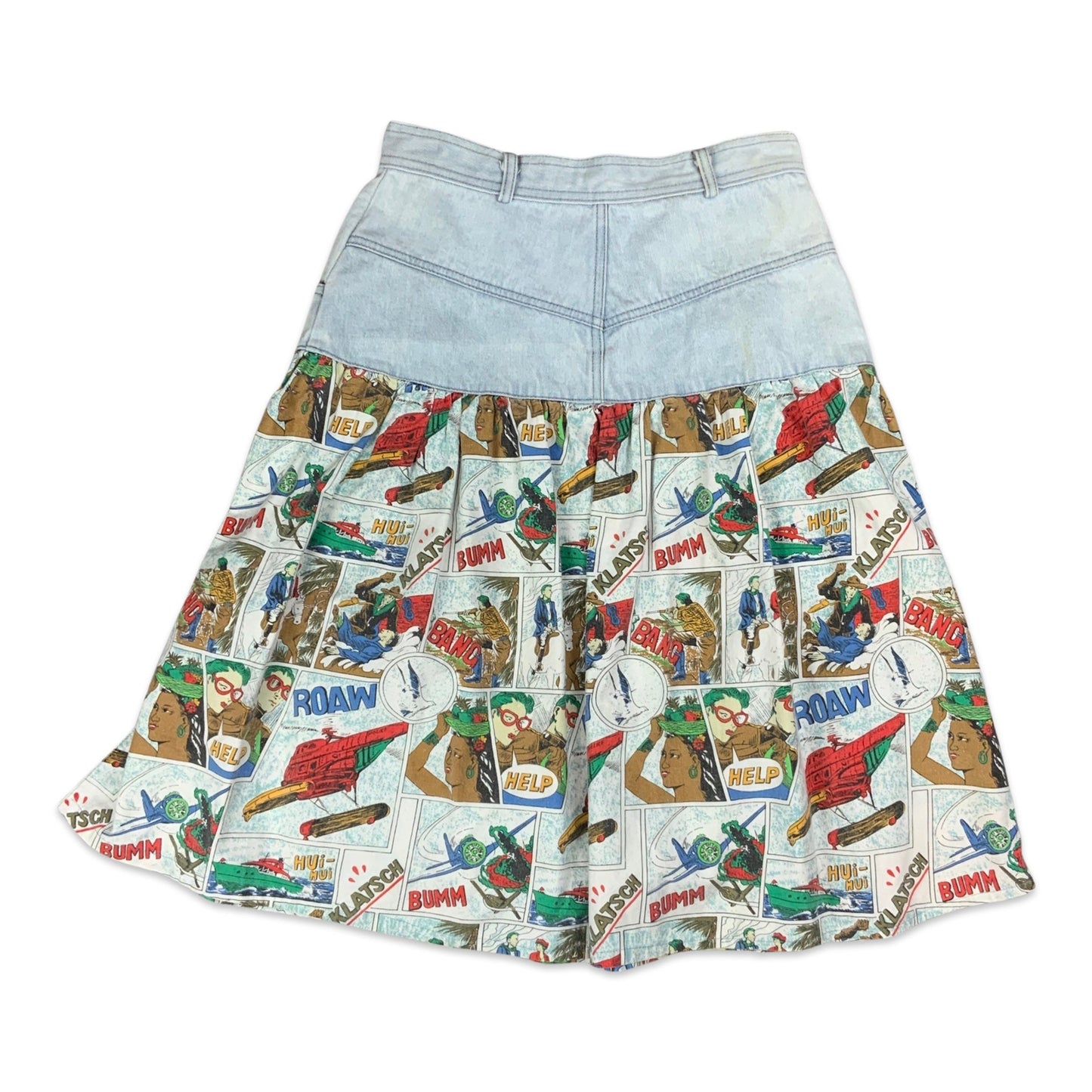Vintage 90s Denim Midi Skirt with Novelty Comic Fabric Detail 6 8
