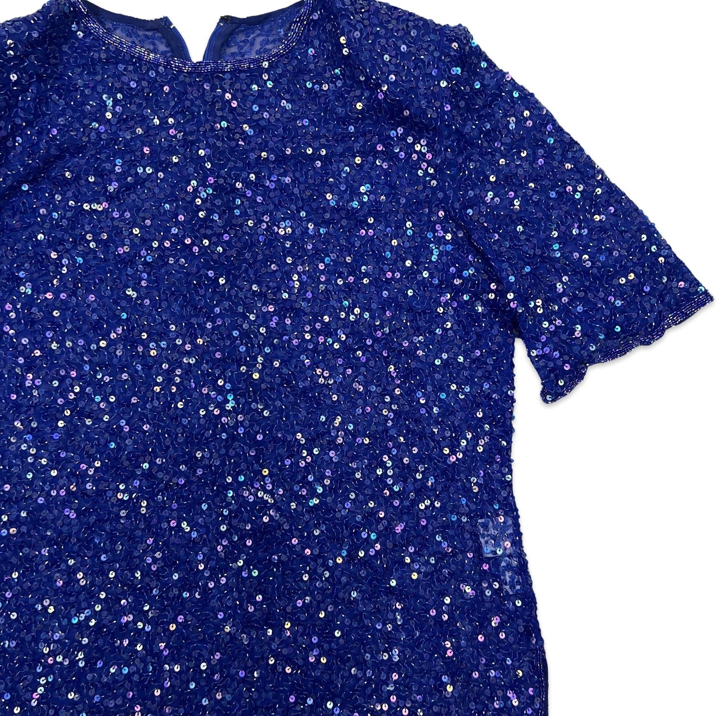 Vintage 80s Oversized Sheer Sequin Blouse Blue 12 14