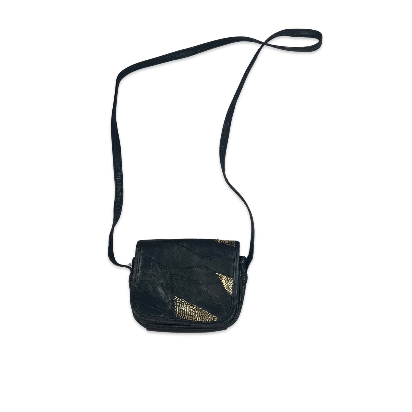 Vintage Patchwork Croc Crossbody Small Leather Handbag Black Gold