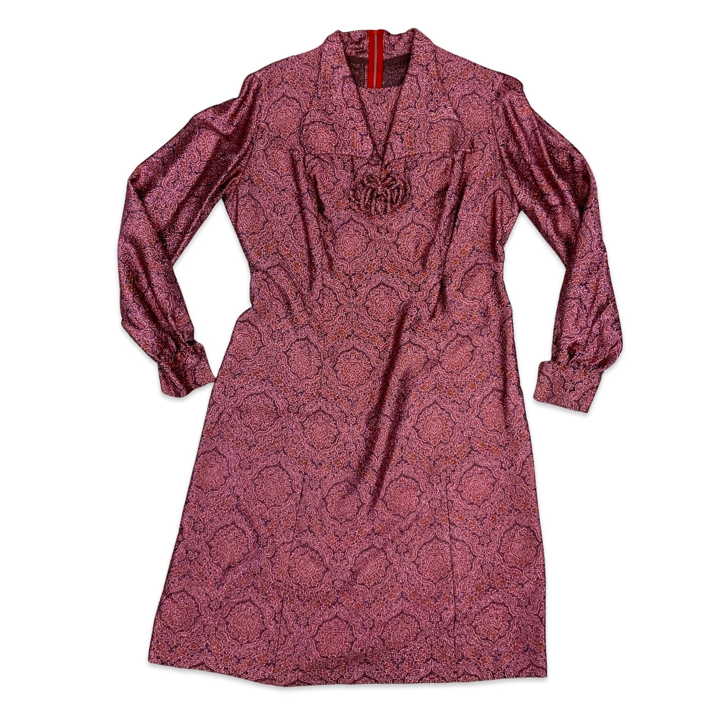 Vintage 60S Lurex Print Party Dress Pink Orange Black 10 12