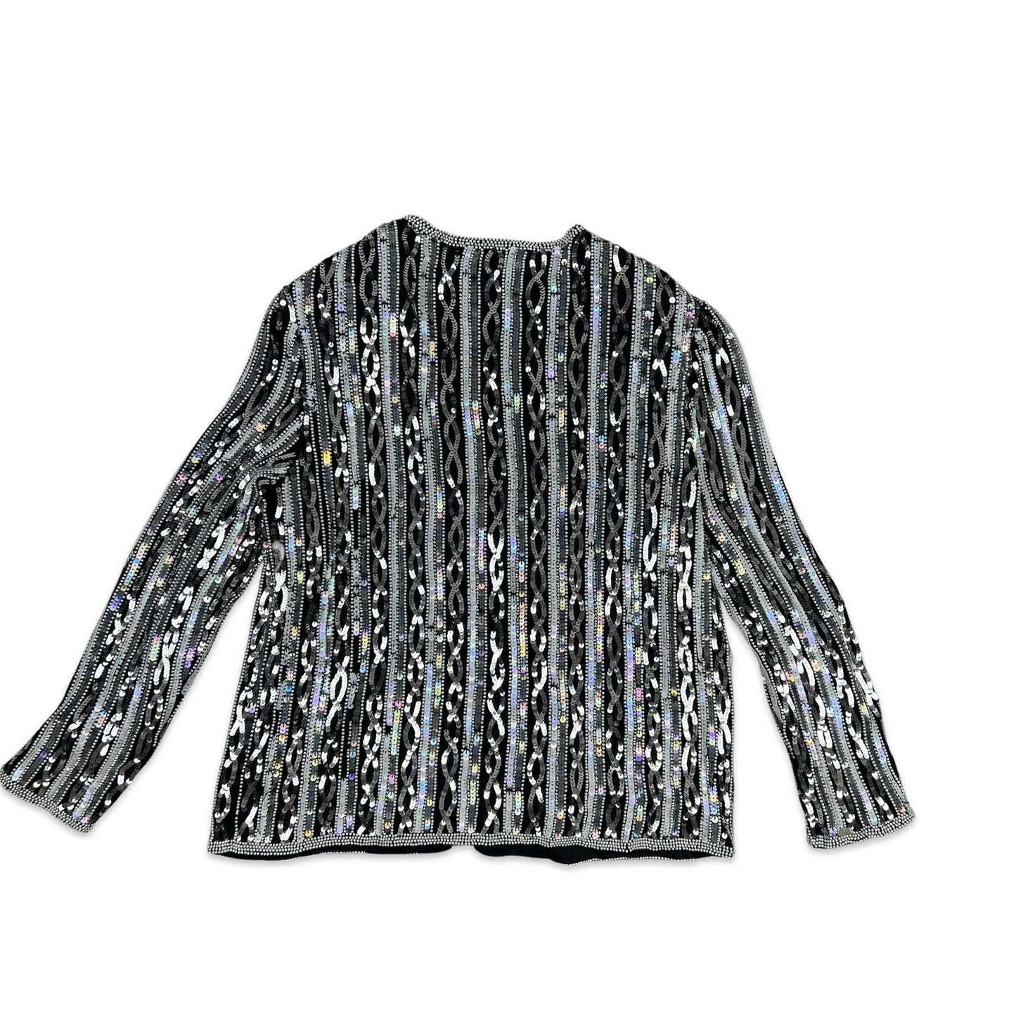 Vintage 80s Sequin Jacket Black Silver 12 14