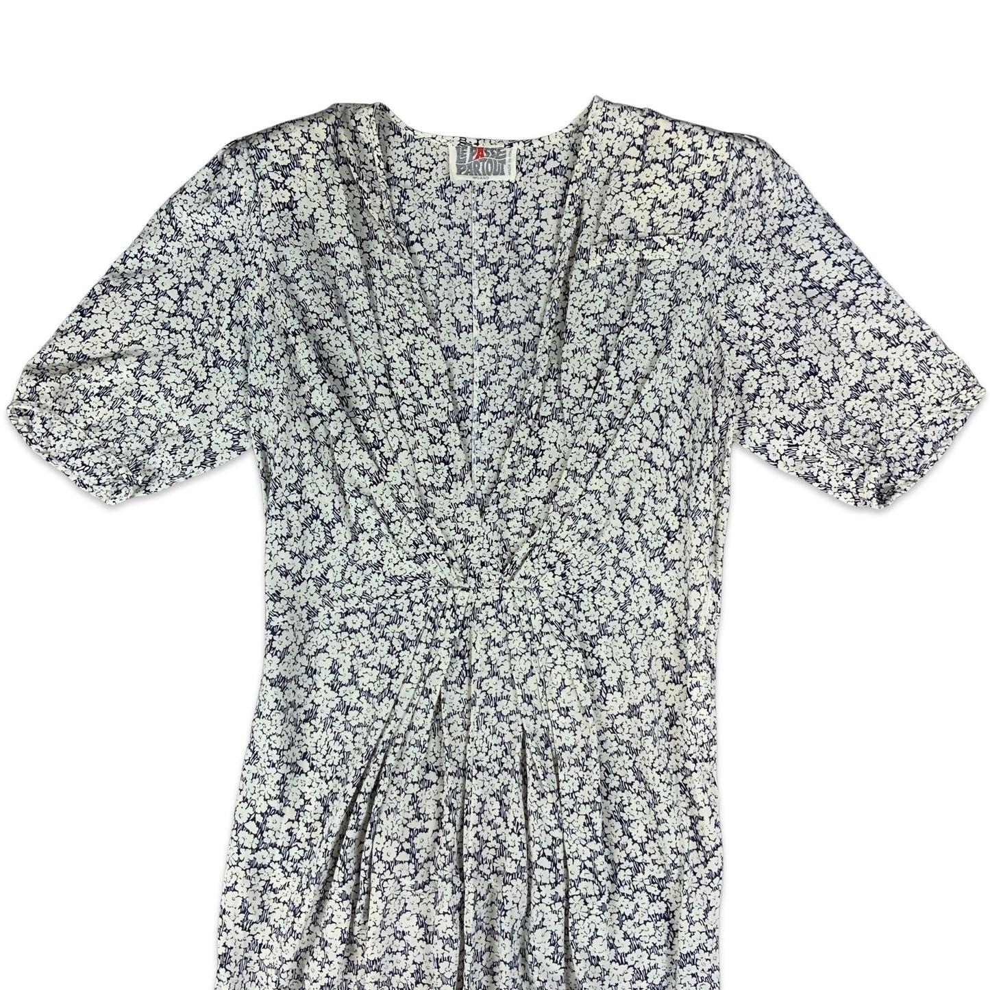 Vintage White & Navy Ditsy Floral Gathered Waist Dress 8 10