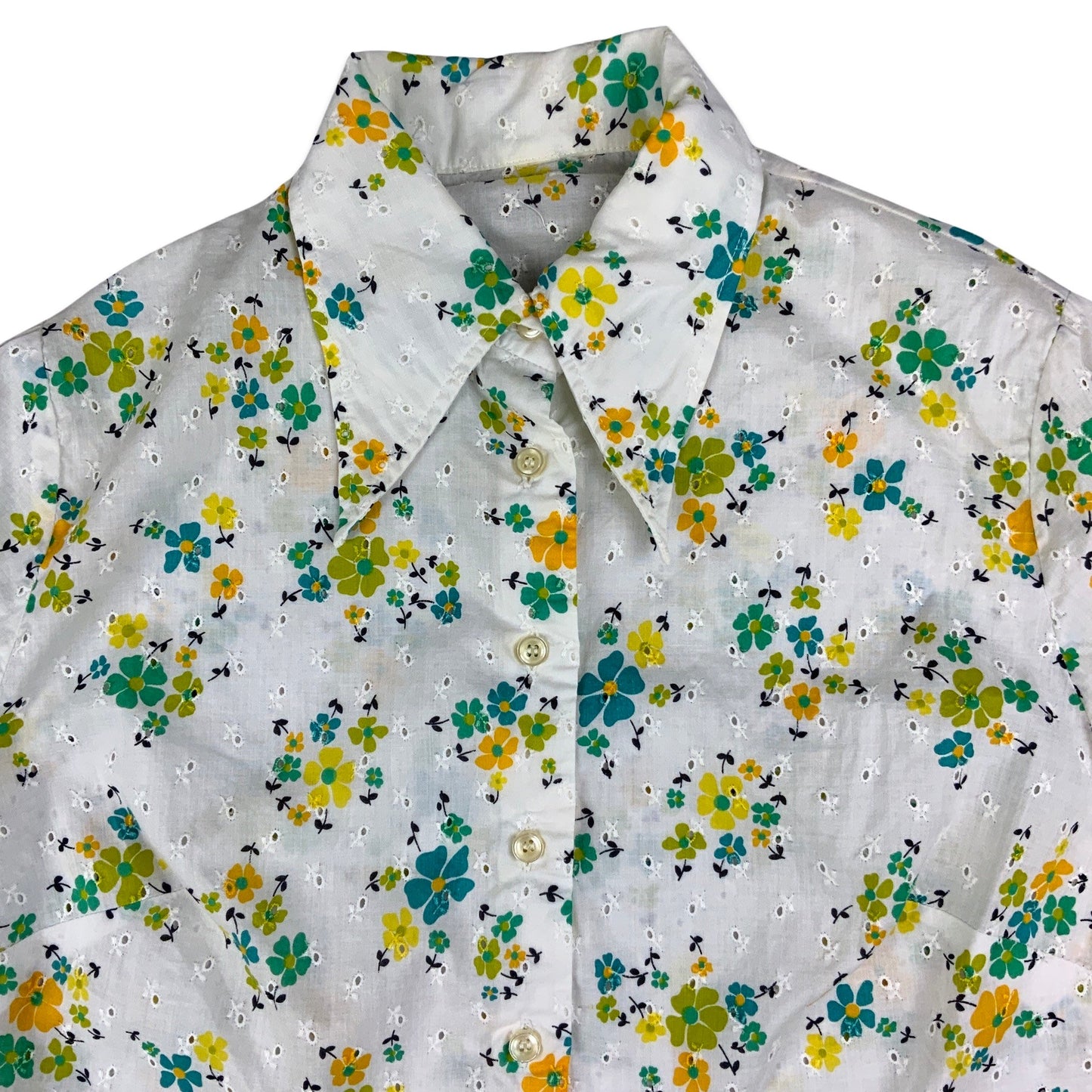 Vintage 70s White Green Orange Floral Print Broderie Anglaise Dagger Collar Blouse 10 12