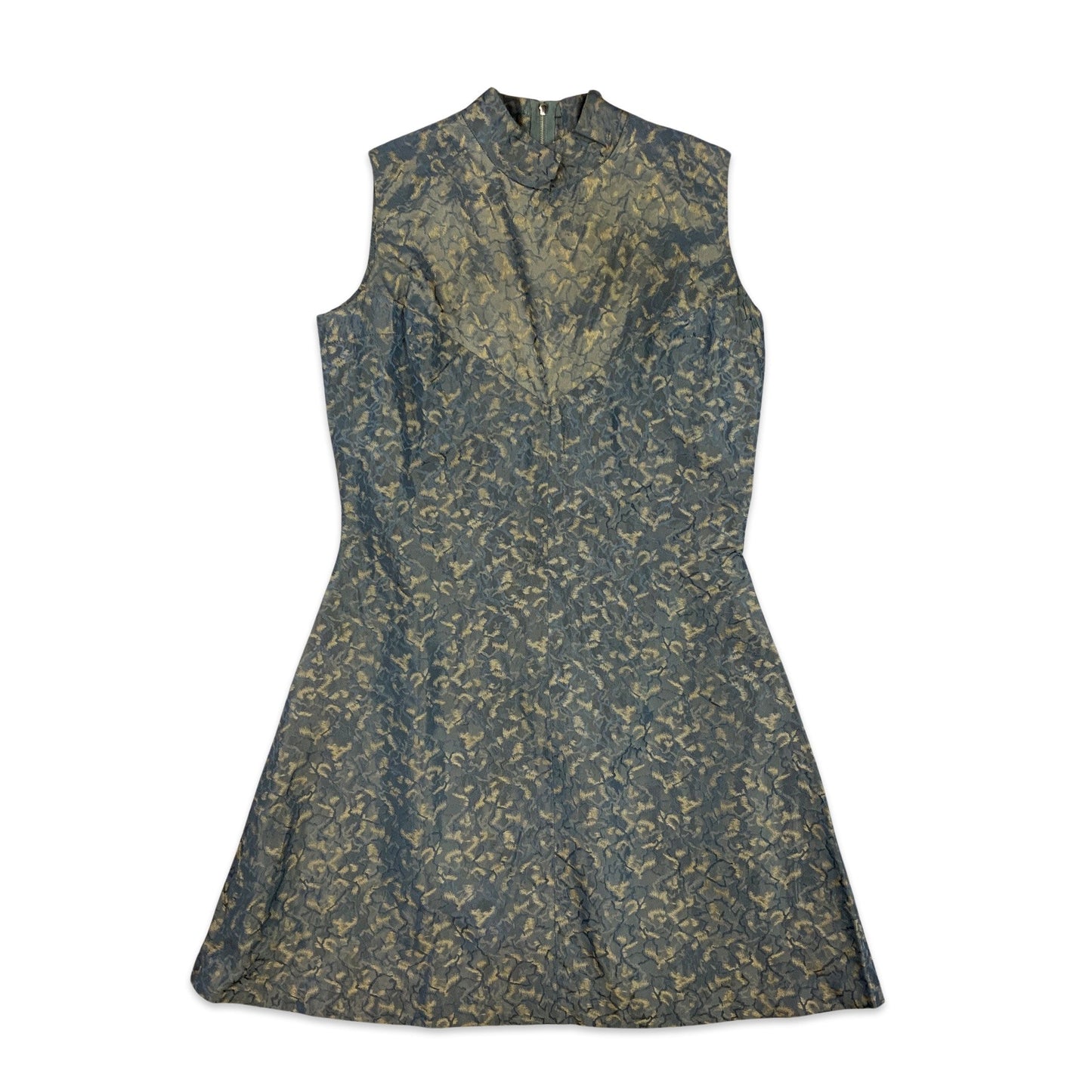 60s Vintage Blue Gold Brocade Dress 10 12