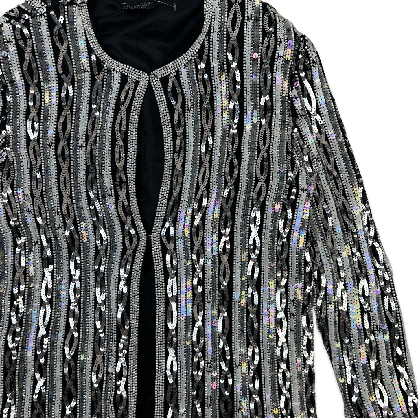 Vintage 80s Sequin Jacket Black Silver 12 14