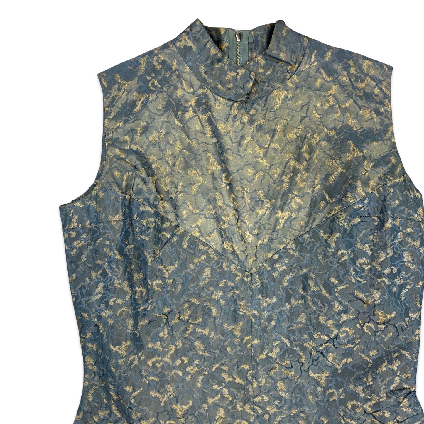 60s Vintage Blue Gold Brocade Dress 10 12