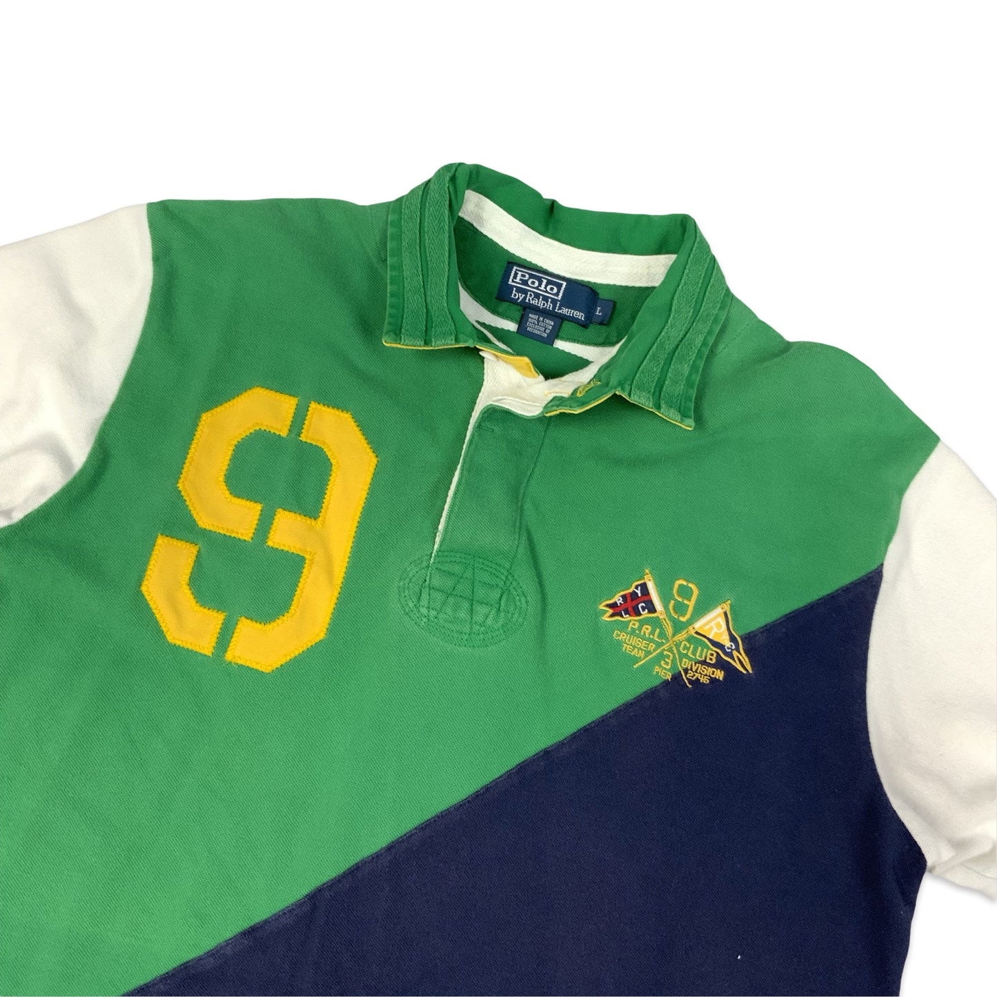 Vintage 00s Ralph Lauren Green Navy & Yellow "9" Polo Shirt L XL