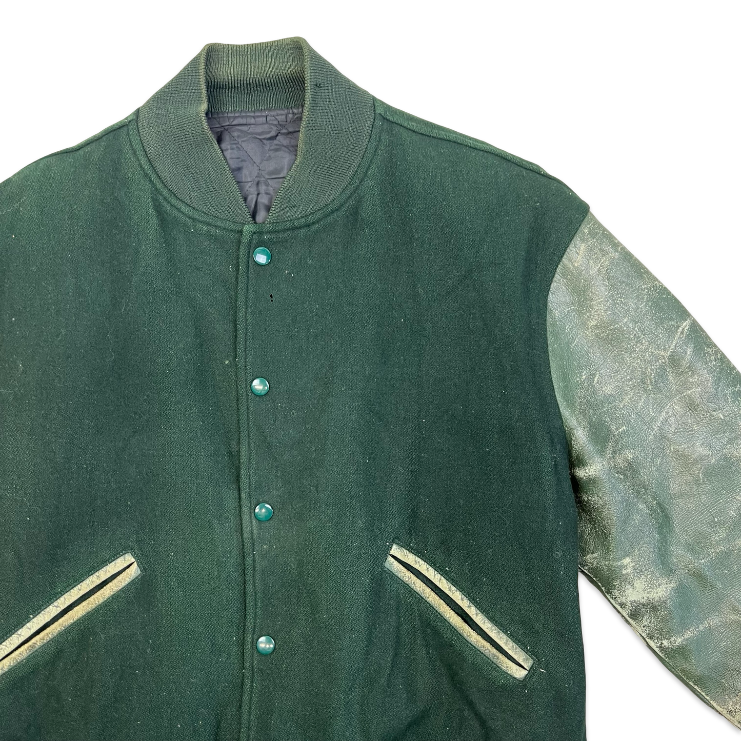 Vintage Forest Green Distressed Varsity Bomber Jacket L 14