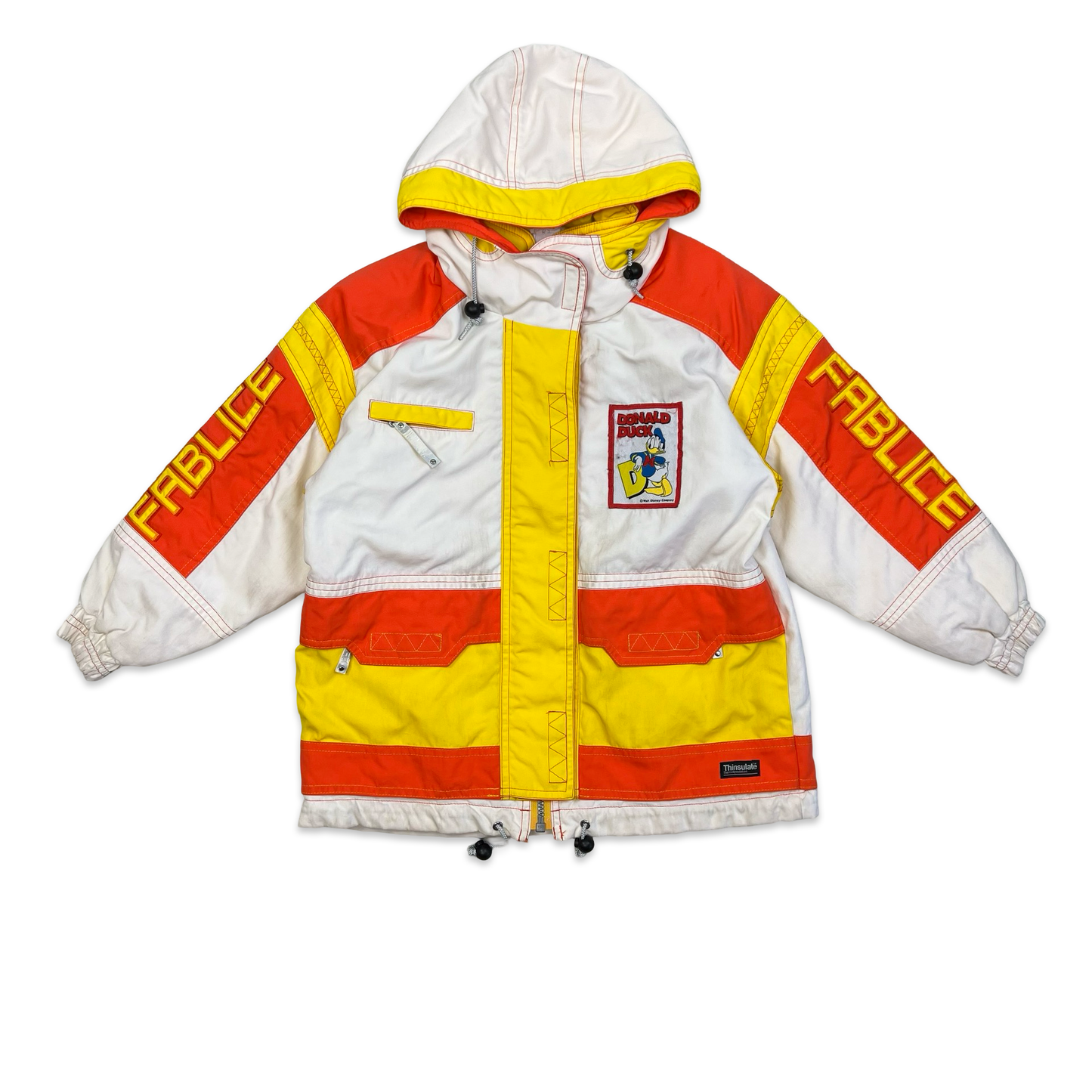 Vintage 90s RARE Fablice Donald Duck Thinsulate White & Orange Hooded Ski Jacket S
