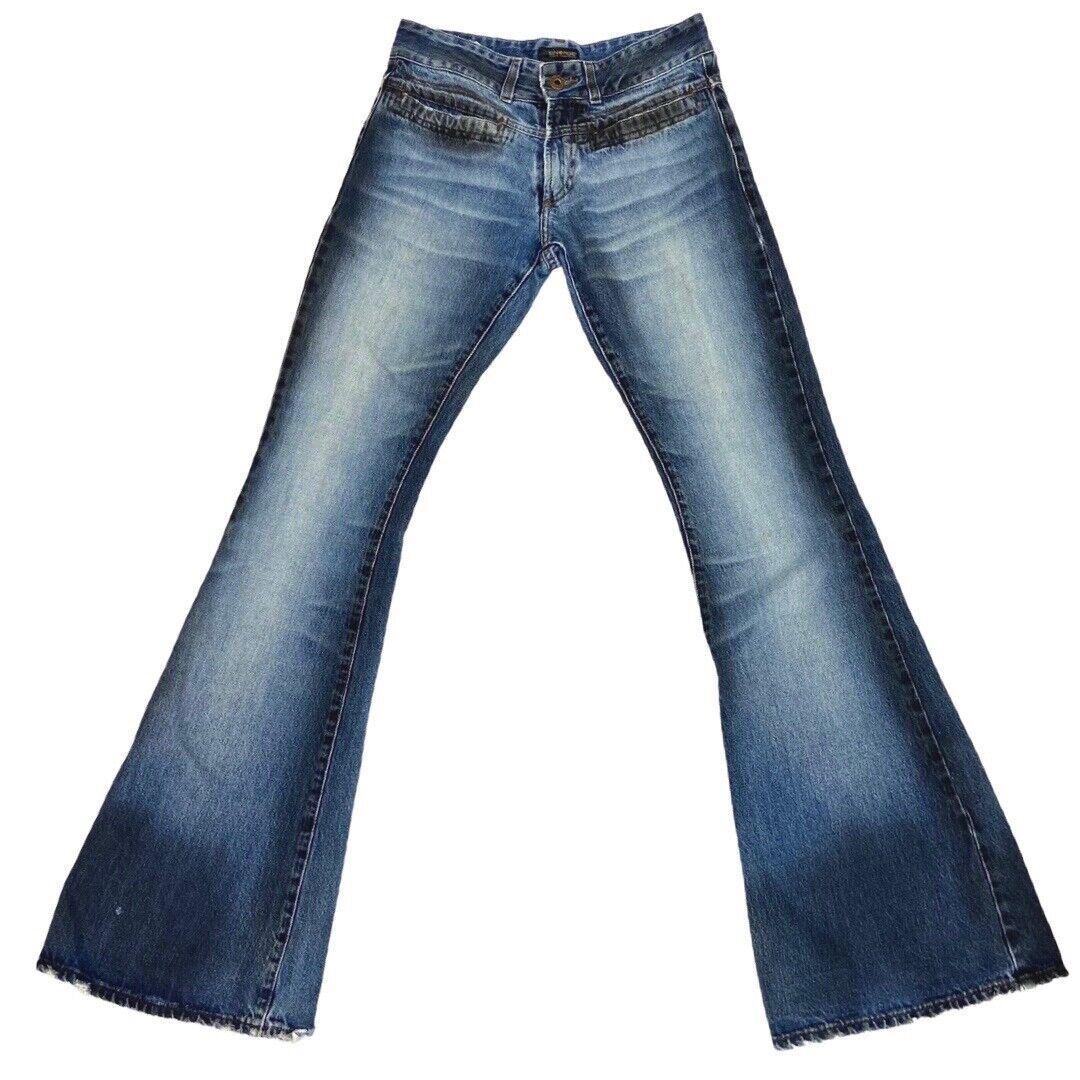 Vintage 90s Y2K Blue Denim Gradient Flared Mid Rise Jeans 8 S