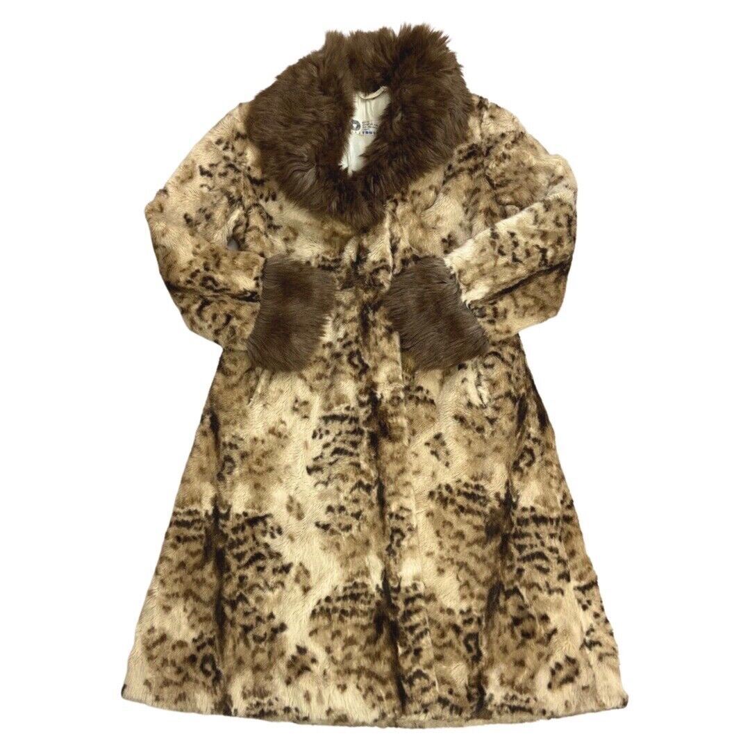 Vintage 90s Cream Brown Animal Print Long Faux Fur Coat 12 14 M