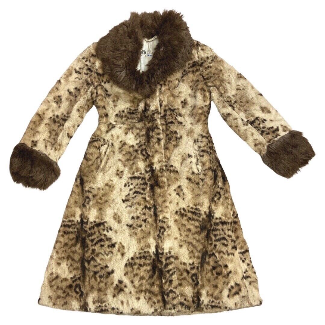 Vintage 90s Cream Brown Animal Print Long Faux Fur Coat 12 14 M