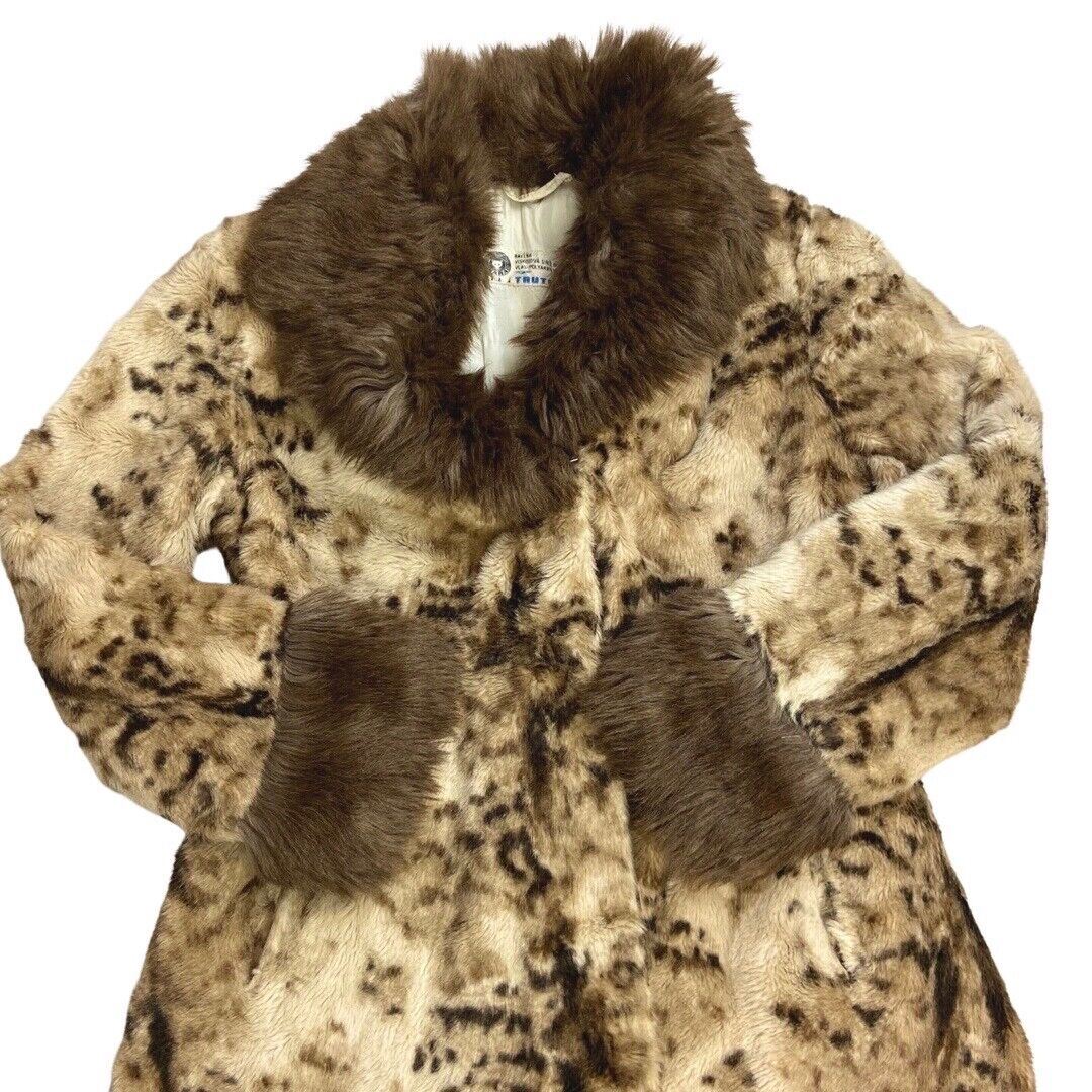 Vintage 90s Cream Brown Animal Print Long Faux Fur Coat 12 14 M
