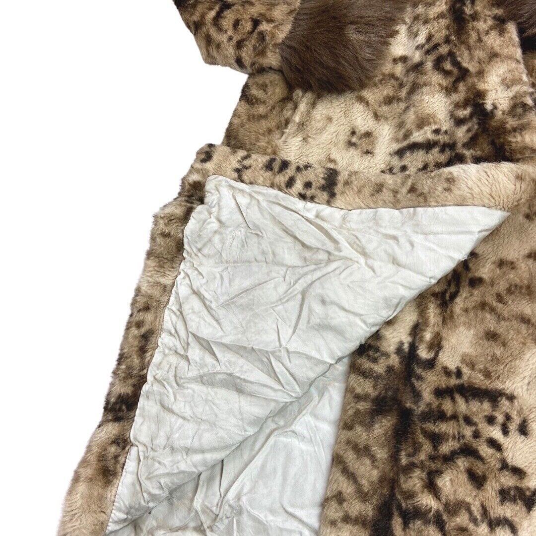 Vintage 90s Cream Brown Animal Print Long Faux Fur Coat 12 14 M
