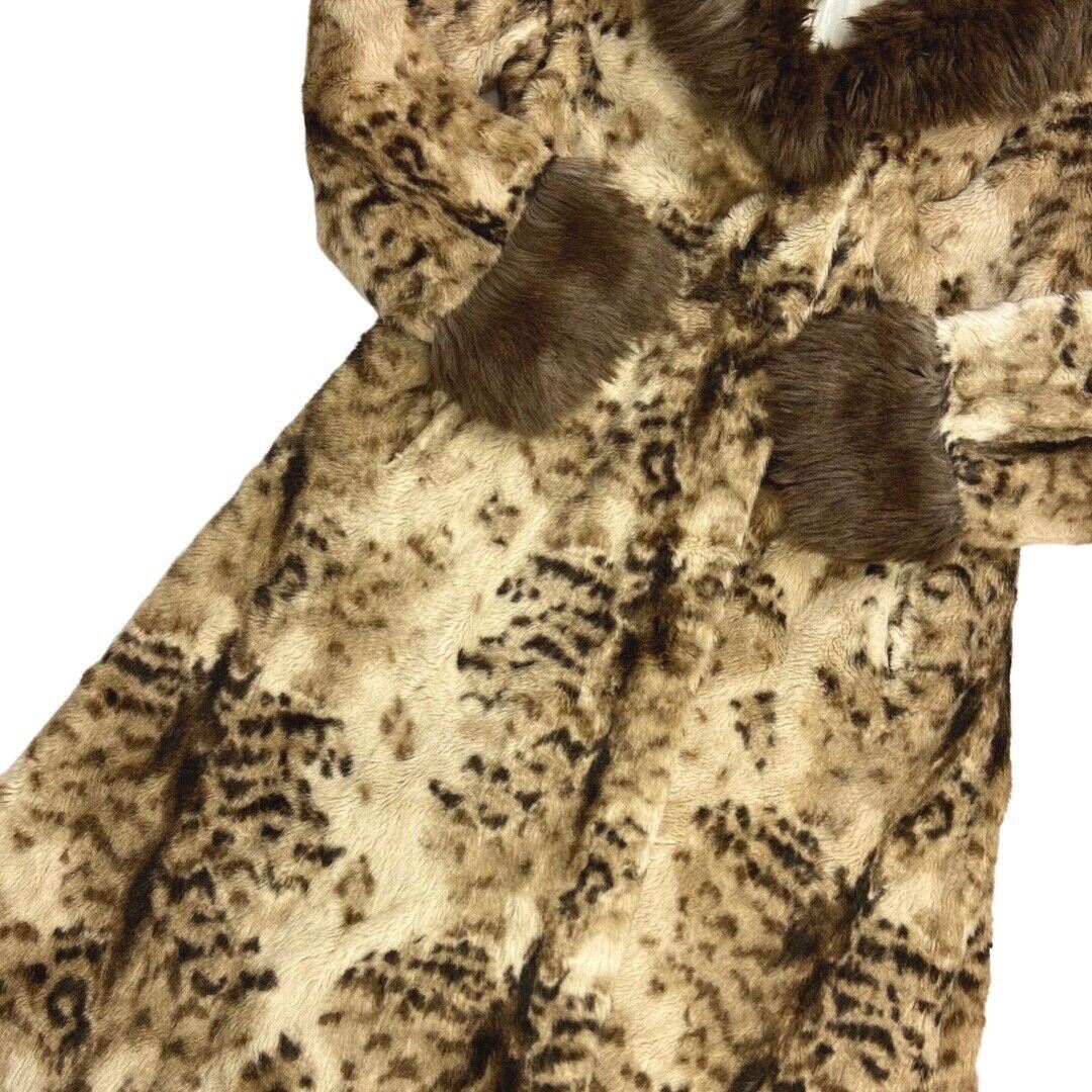 Vintage 90s Cream Brown Animal Print Long Faux Fur Coat 12 14 M