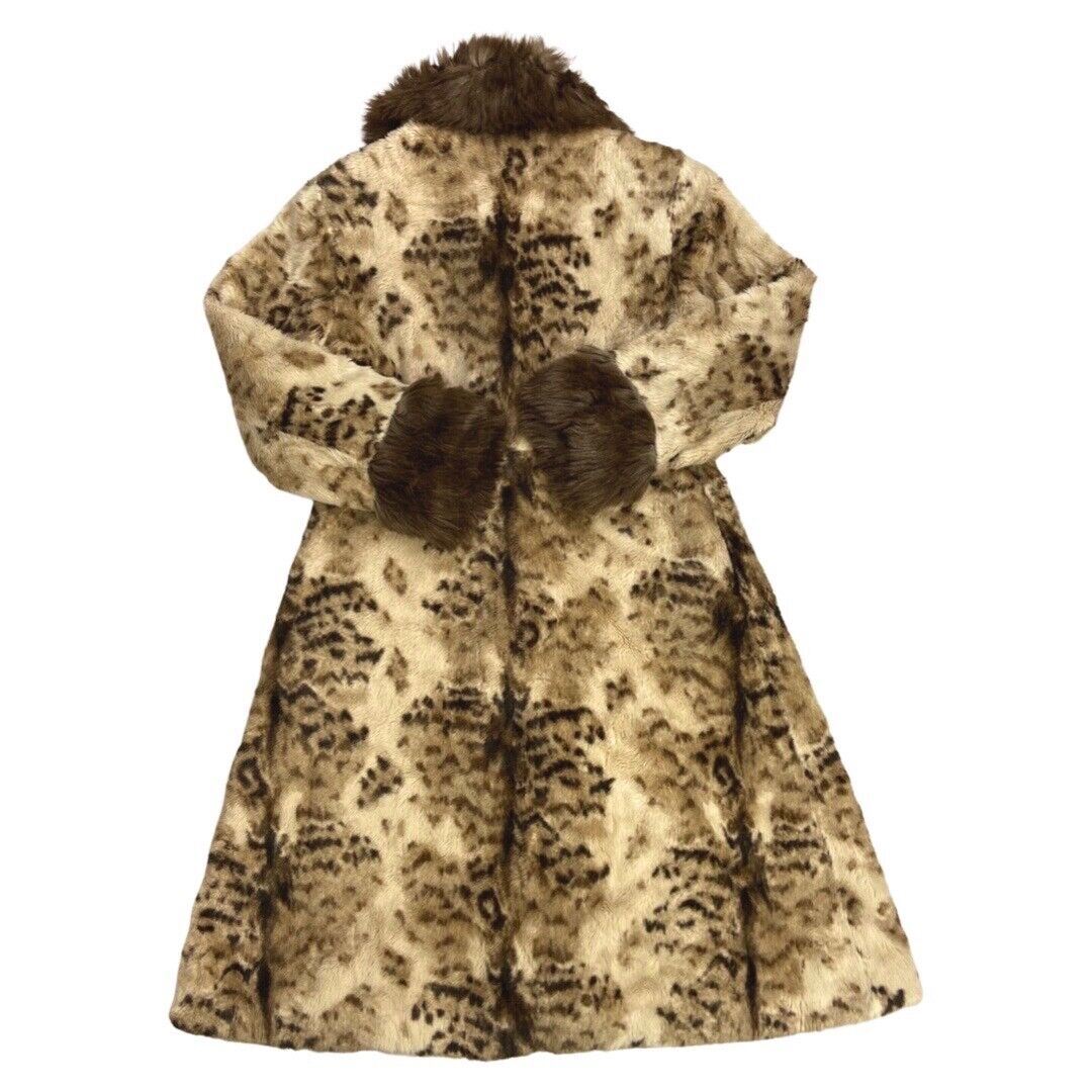 Vintage 90s Cream Brown Animal Print Long Faux Fur Coat 12 14 M
