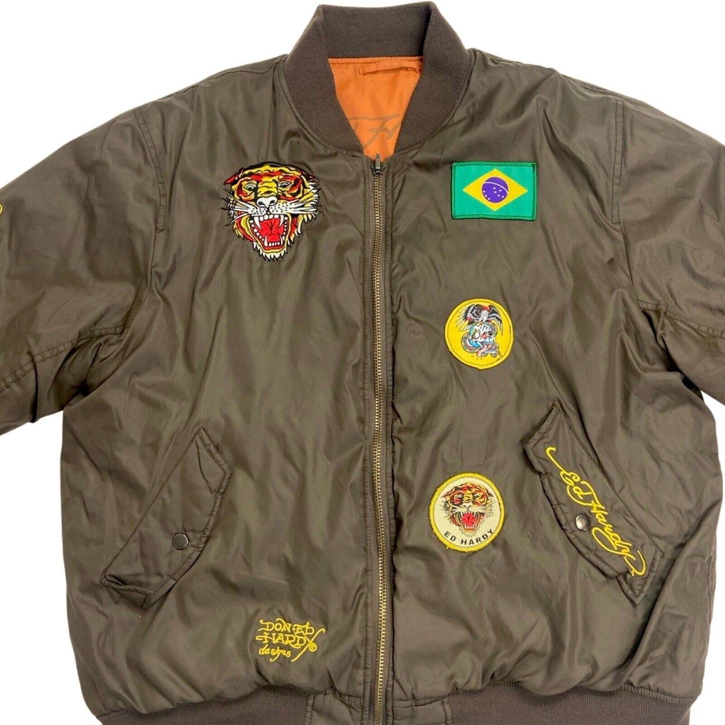 Vintage Y2K Khaki Orange Reversible Ed Hardy Bomber Jacket XL
