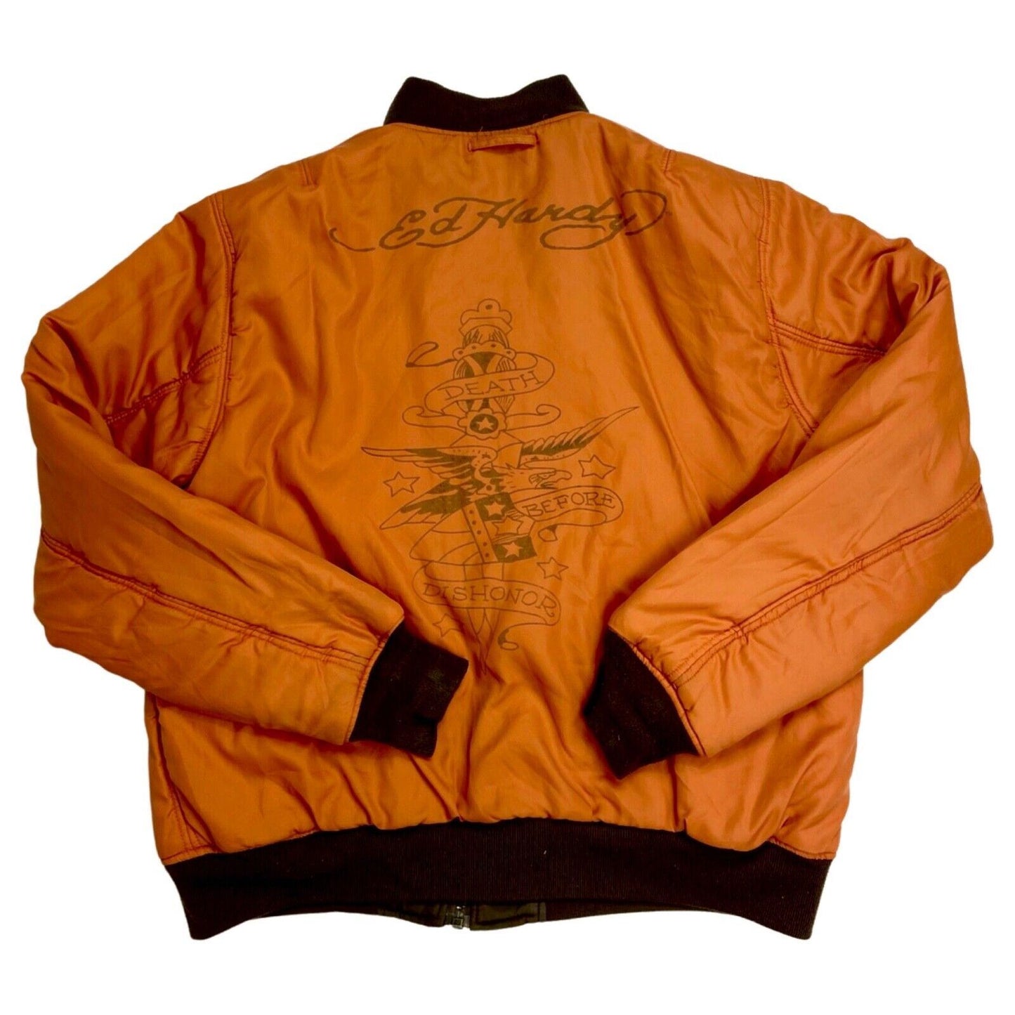 Vintage Y2K Khaki Orange Reversible Ed Hardy Bomber Jacket XL