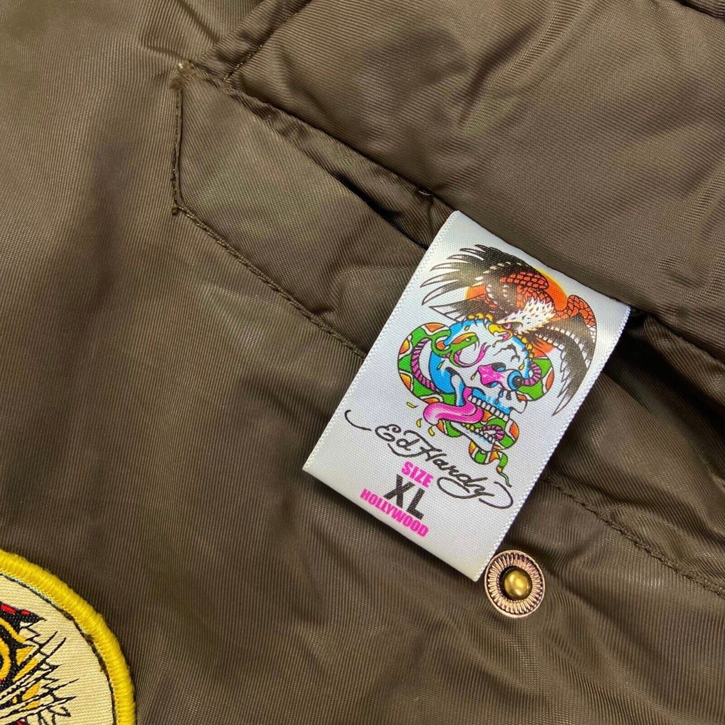 Vintage Y2K Khaki Orange Reversible Ed Hardy Bomber Jacket XL