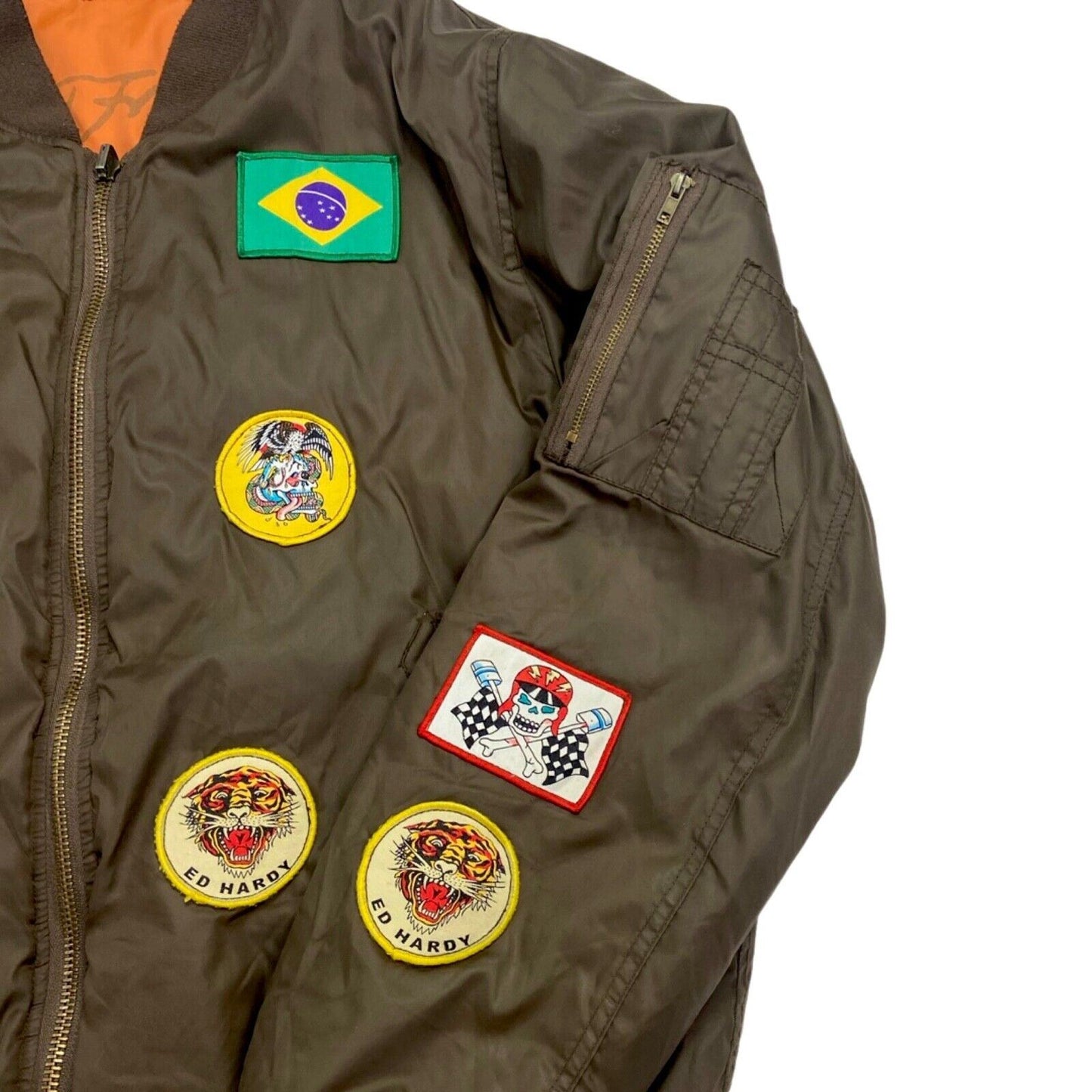Vintage Y2K Khaki Orange Reversible Ed Hardy Bomber Jacket XL