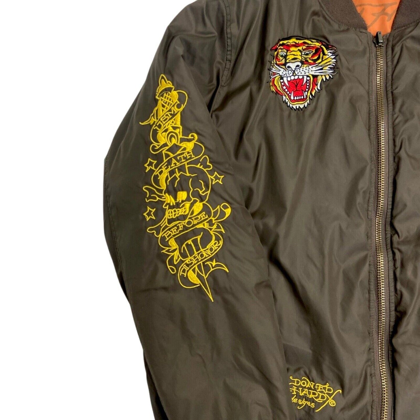 Vintage Y2K Khaki Orange Reversible Ed Hardy Bomber Jacket XL