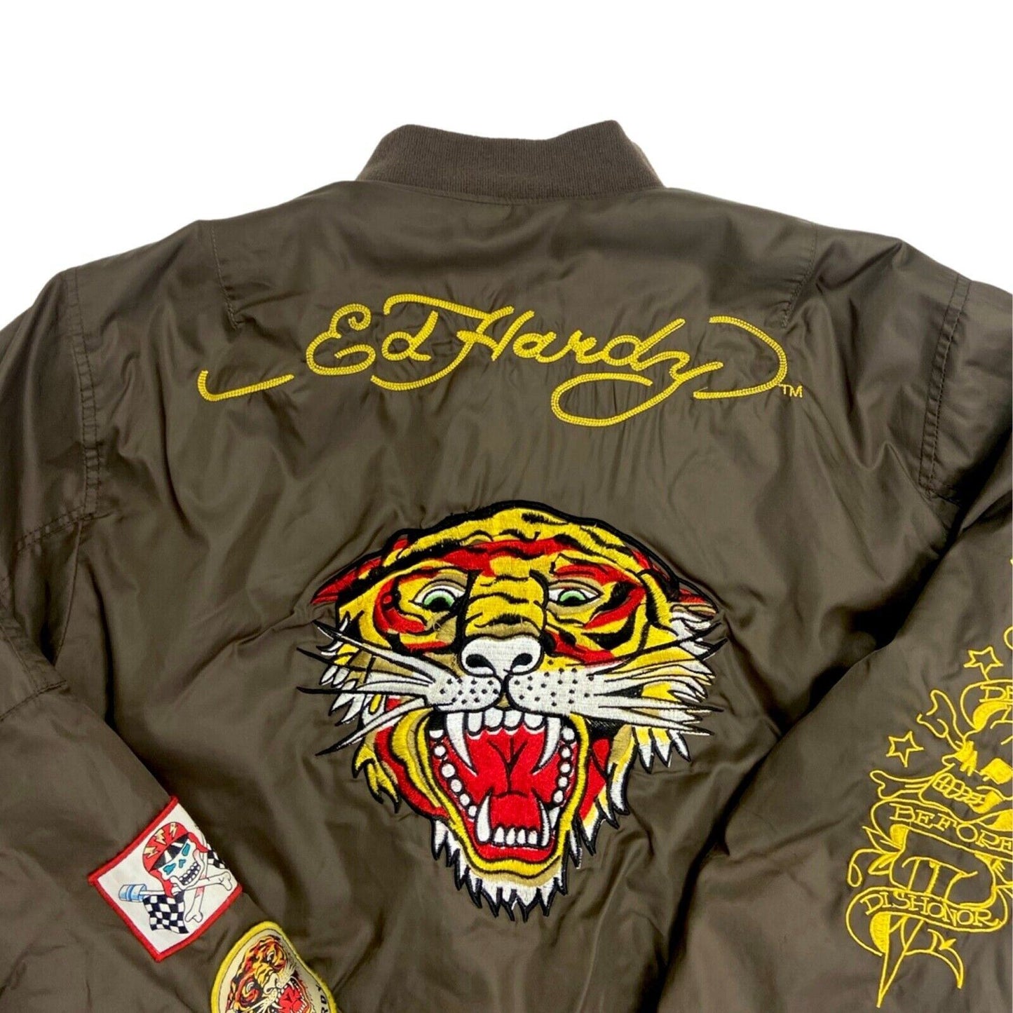 Vintage Y2K Khaki Orange Reversible Ed Hardy Bomber Jacket XL