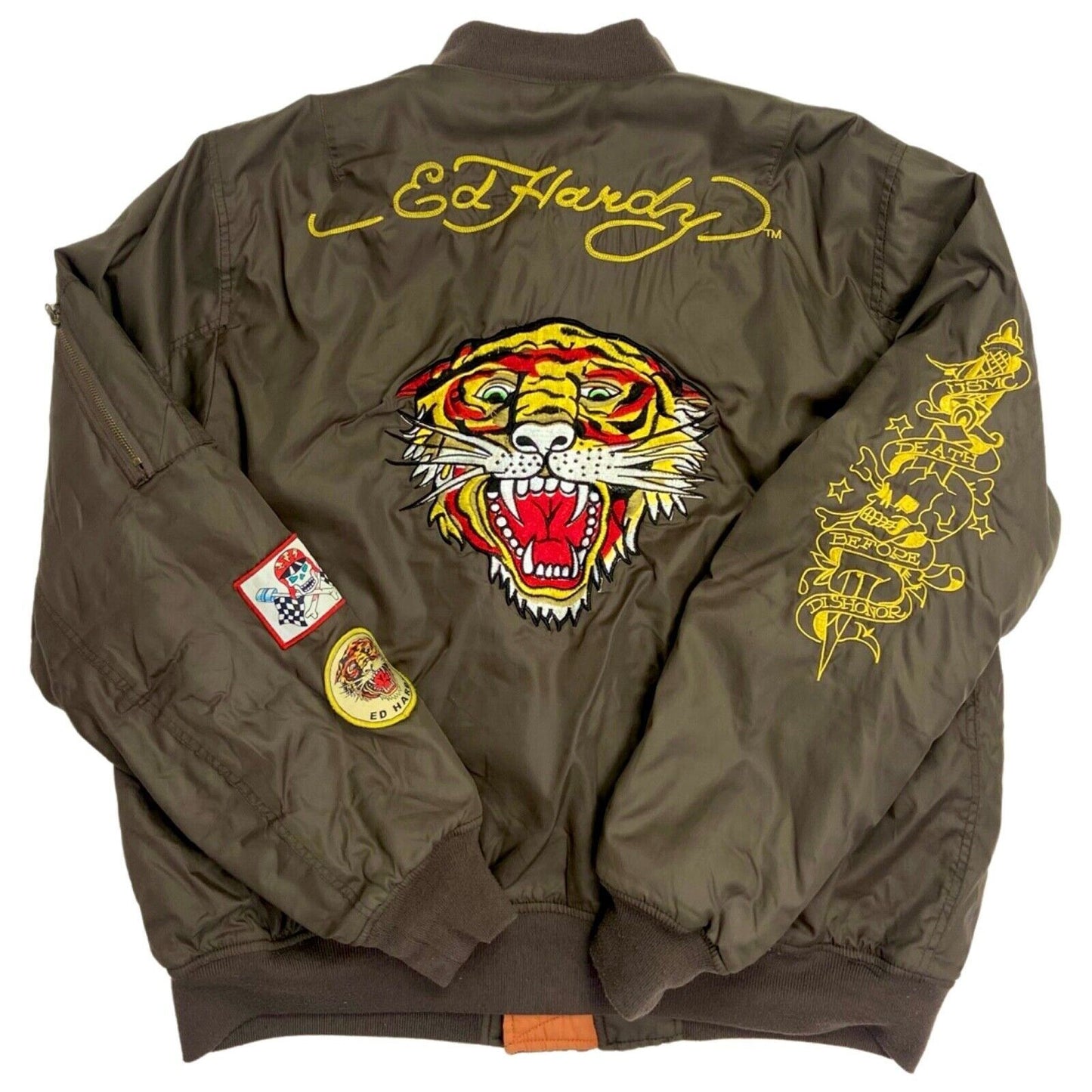 Vintage Y2K Khaki Orange Reversible Ed Hardy Bomber Jacket XL