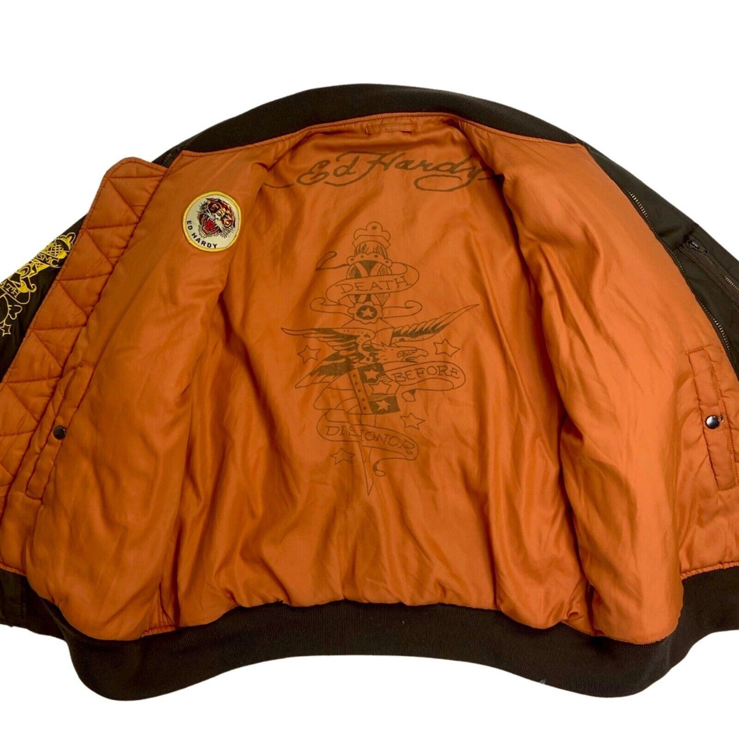 Vintage Y2K Khaki Orange Reversible Ed Hardy Bomber Jacket XL