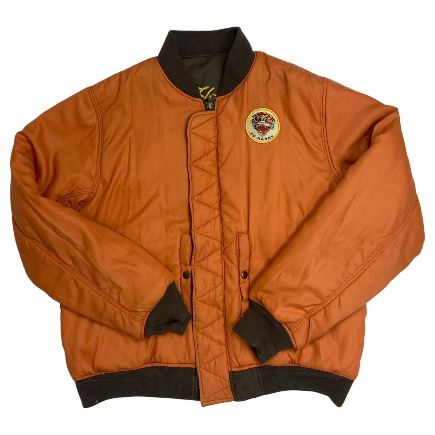 Vintage Y2K Khaki Orange Reversible Ed Hardy Bomber Jacket XL